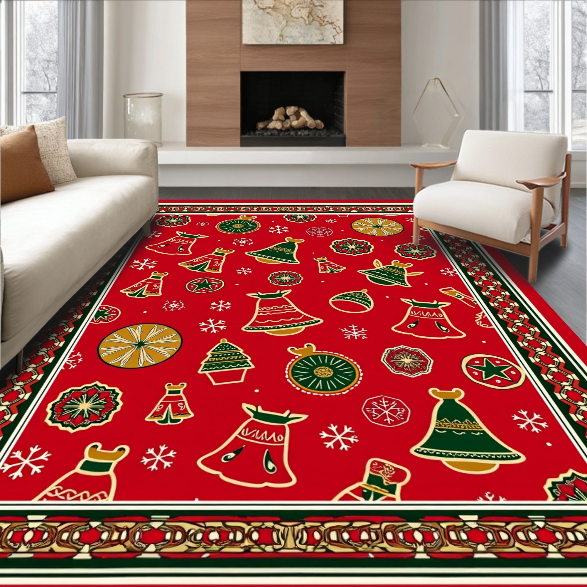 Red Holiday Bell Ornament Tree Snowflakes Rug
