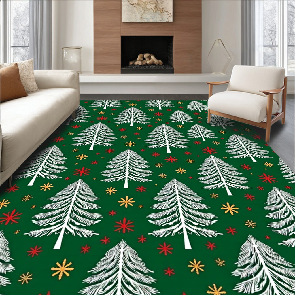 White Pinecone Snowflakes Green Rug