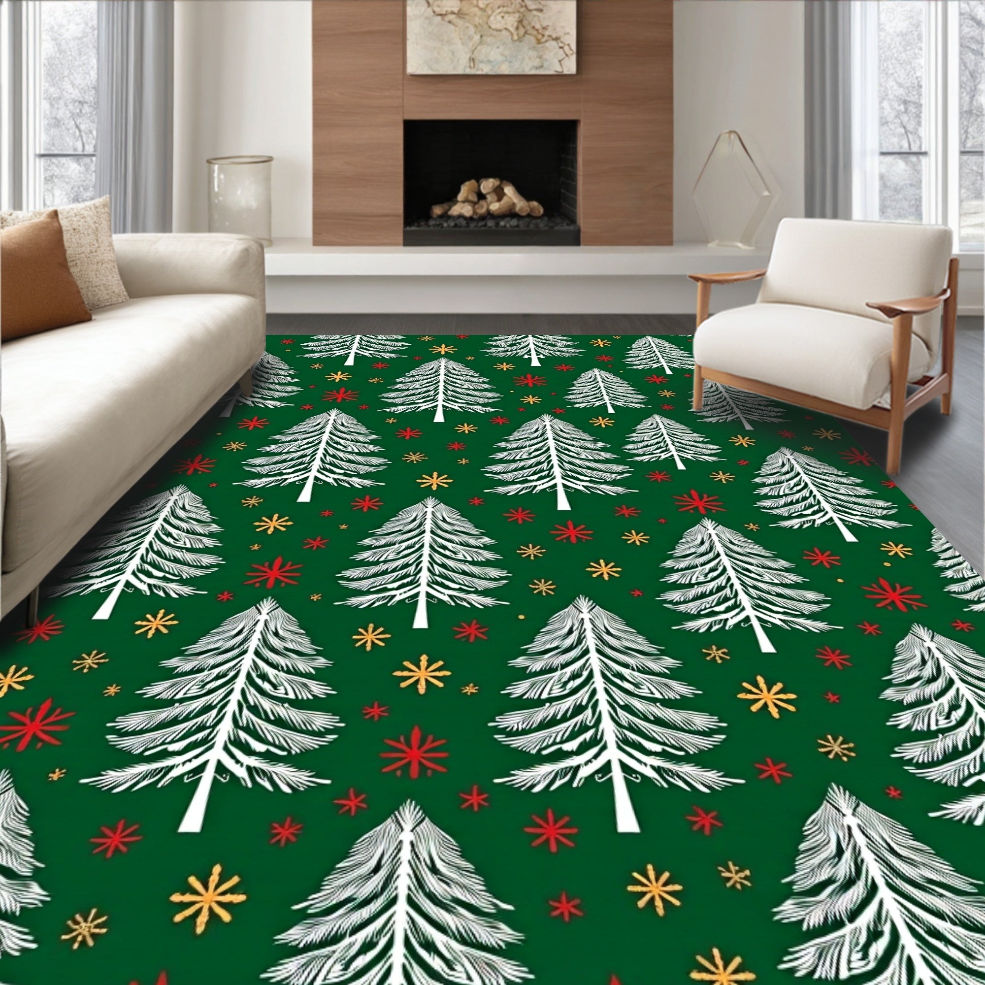 White Pinecone Snowflakes Green Rug