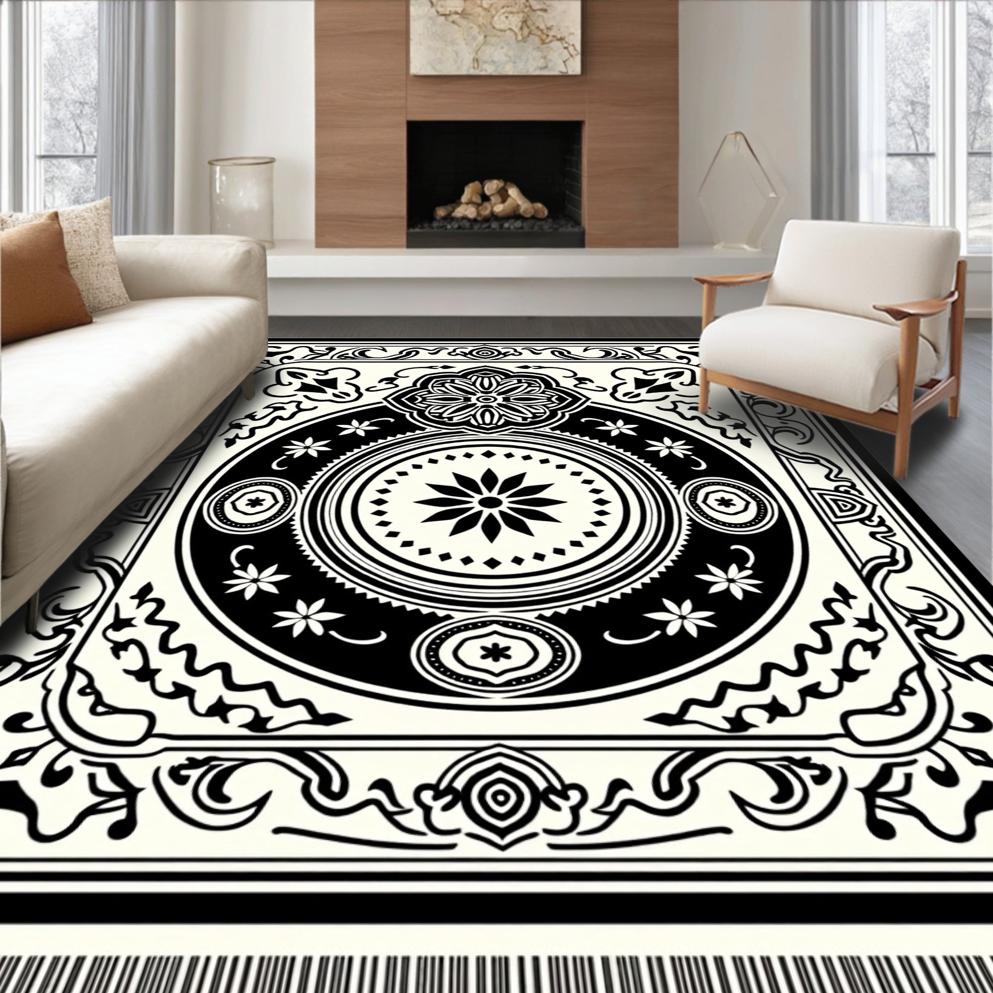 Black Cream Medallion Intricate Artwork Rug