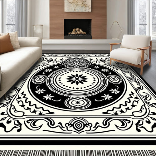 Black Cream Medallion Intricate Artwork Rug