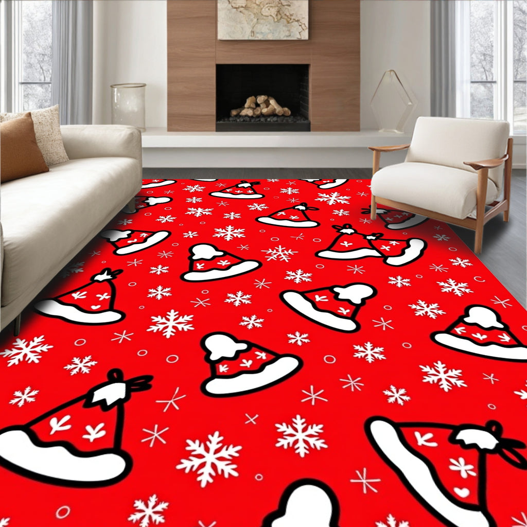 Red White Christmas Hat Snowflakes Rug