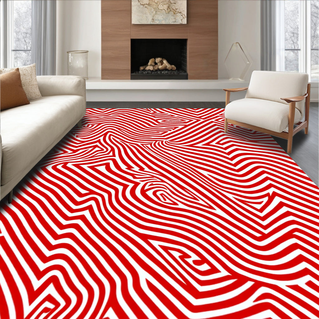 Red White Abstract Maze Stripes Rug