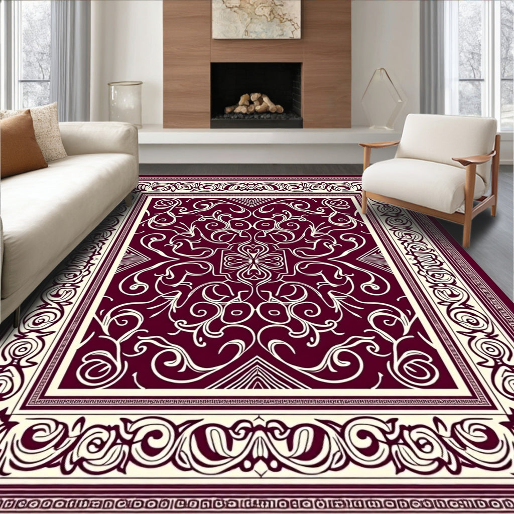 Crimson White Swirl Scroll Border Rug