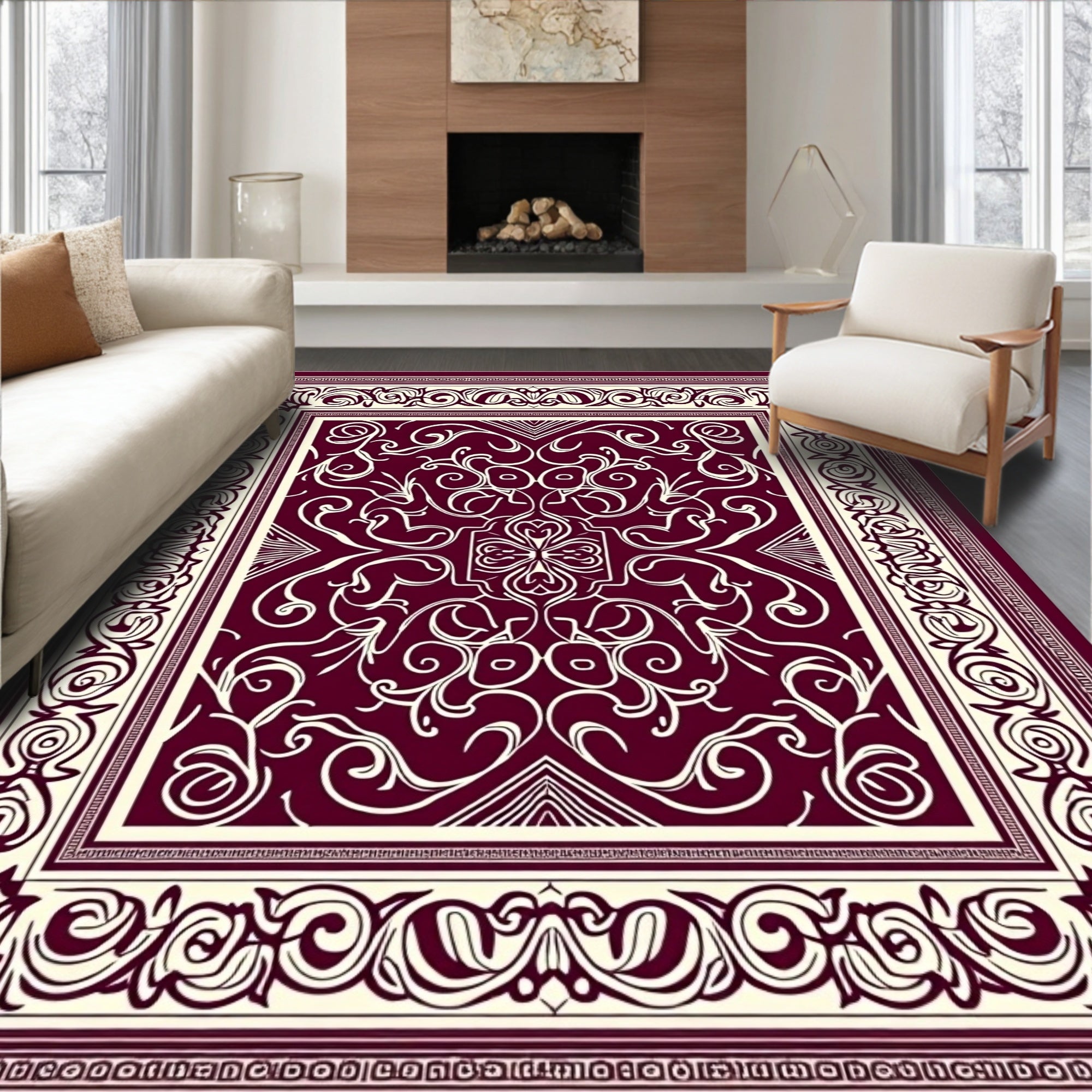 Crimson White Swirl Scroll Border Rug