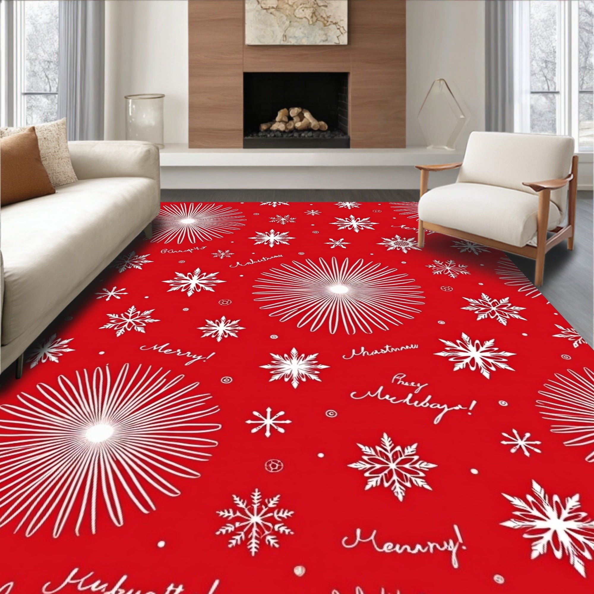 Red White Snowflake Winter Holiday Medley Rug