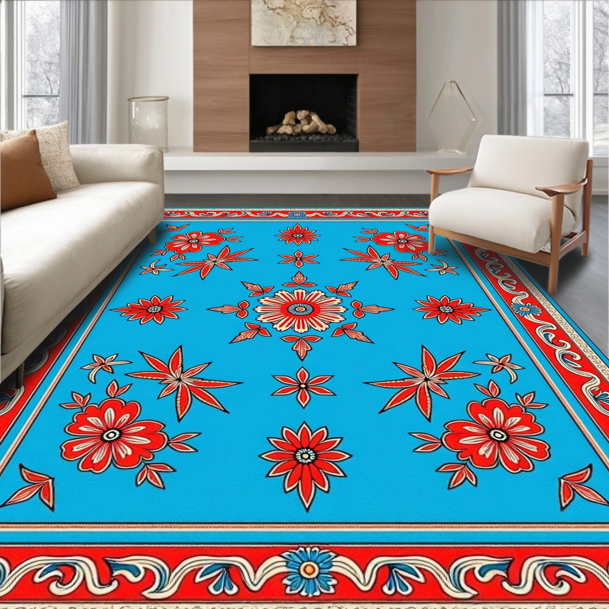 Bold Red Floral Medallion Blue Rug