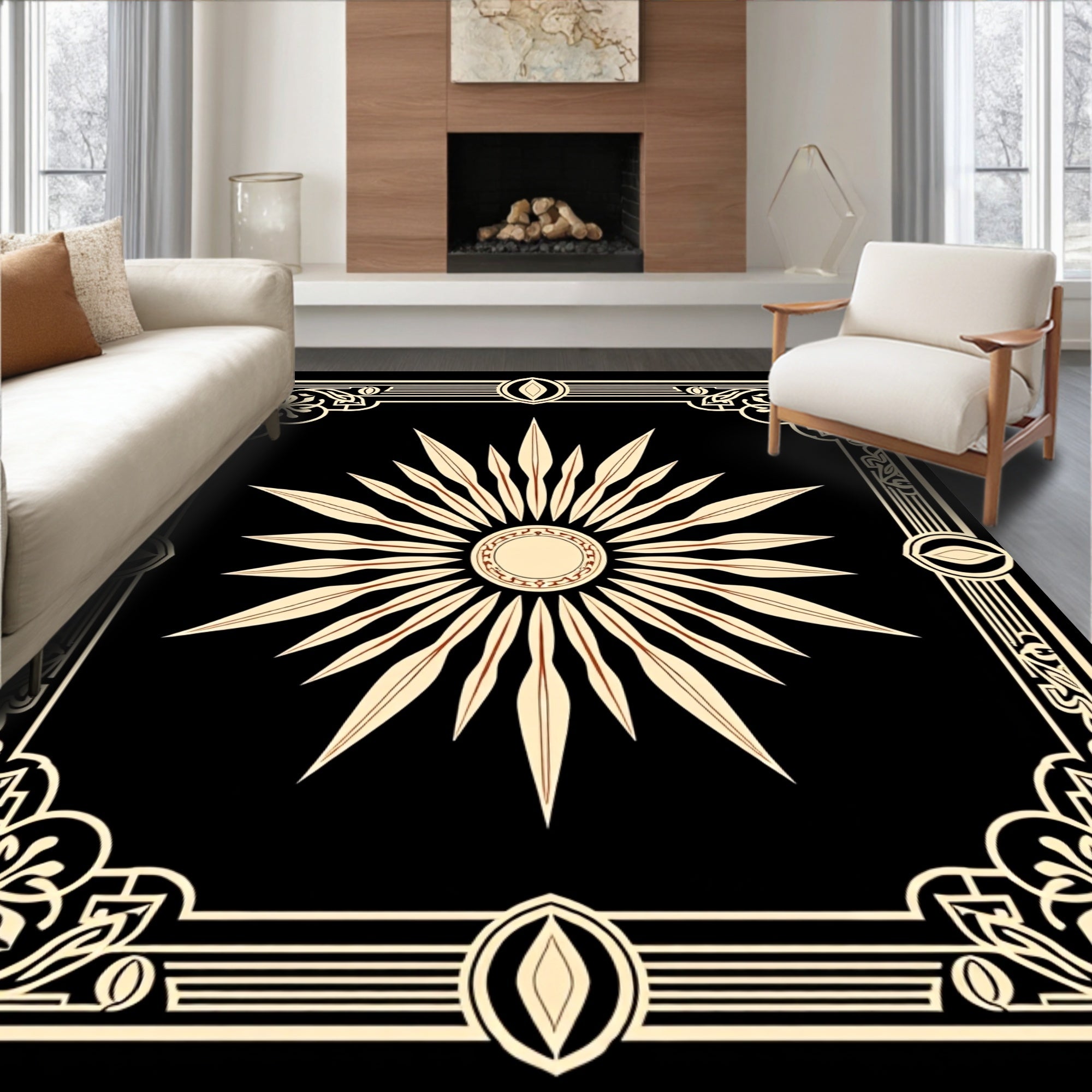 Radiant Ivory Sunburst Art Deco Frame Rug
