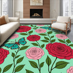 Whimsical Red Pink Rose Butterfly Garden Rug