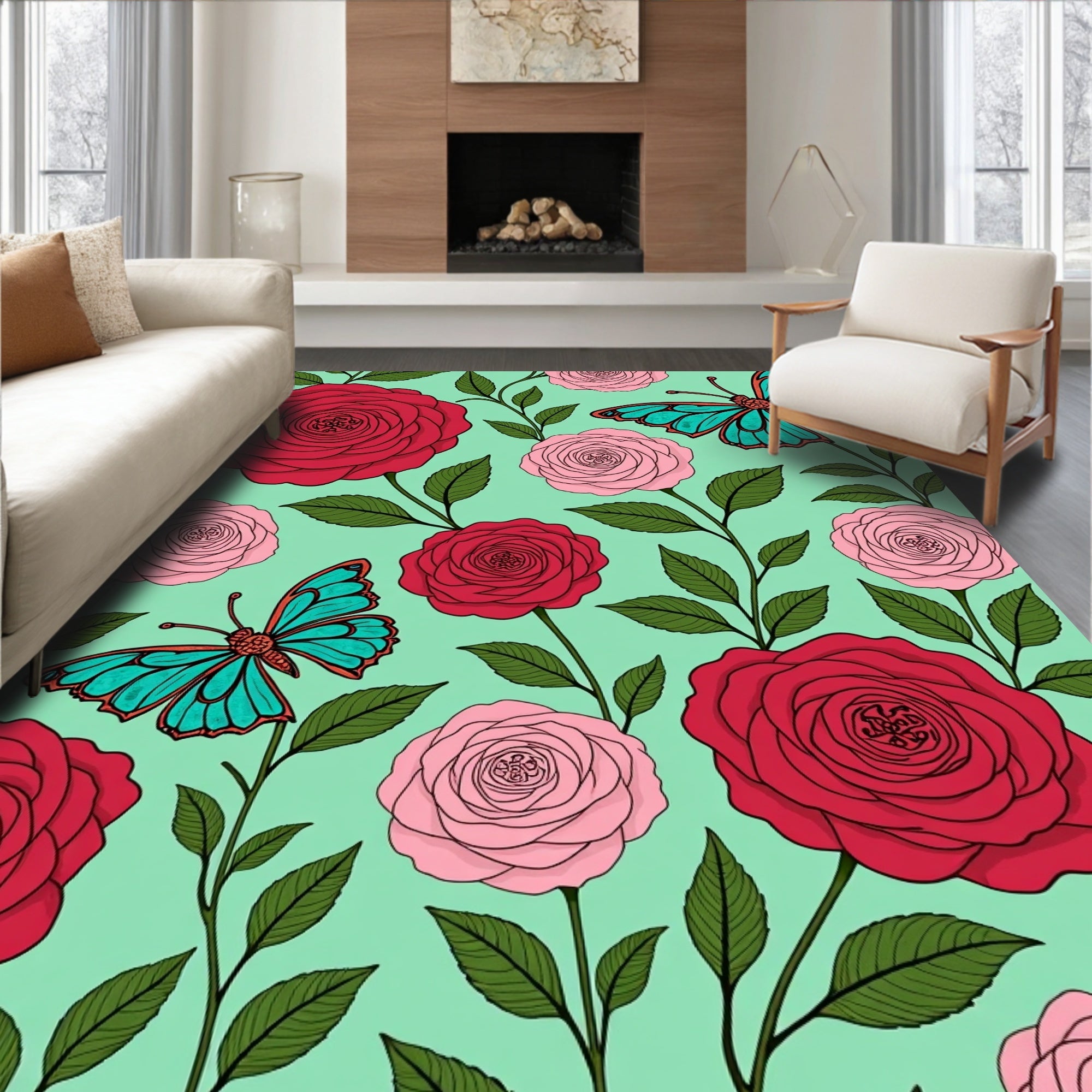 Whimsical Red Pink Rose Butterfly Garden Rug