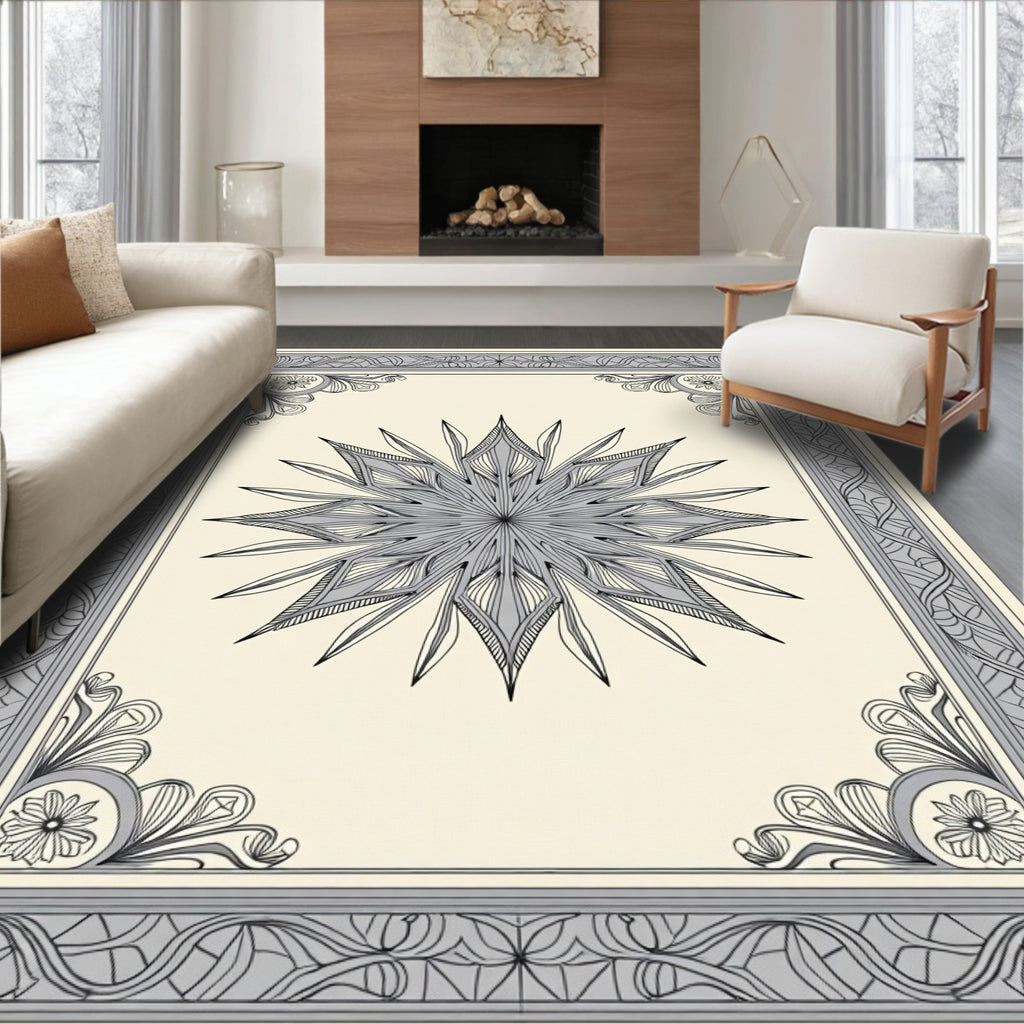 Elaborate Gray Starburst Filigree Frame Rug