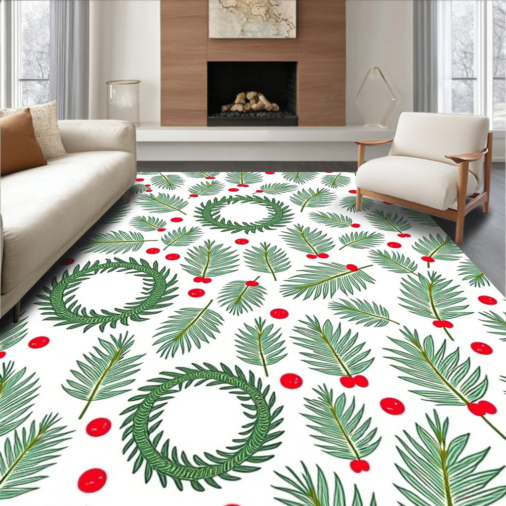 Green Fern Holly Berry Wreath Rug