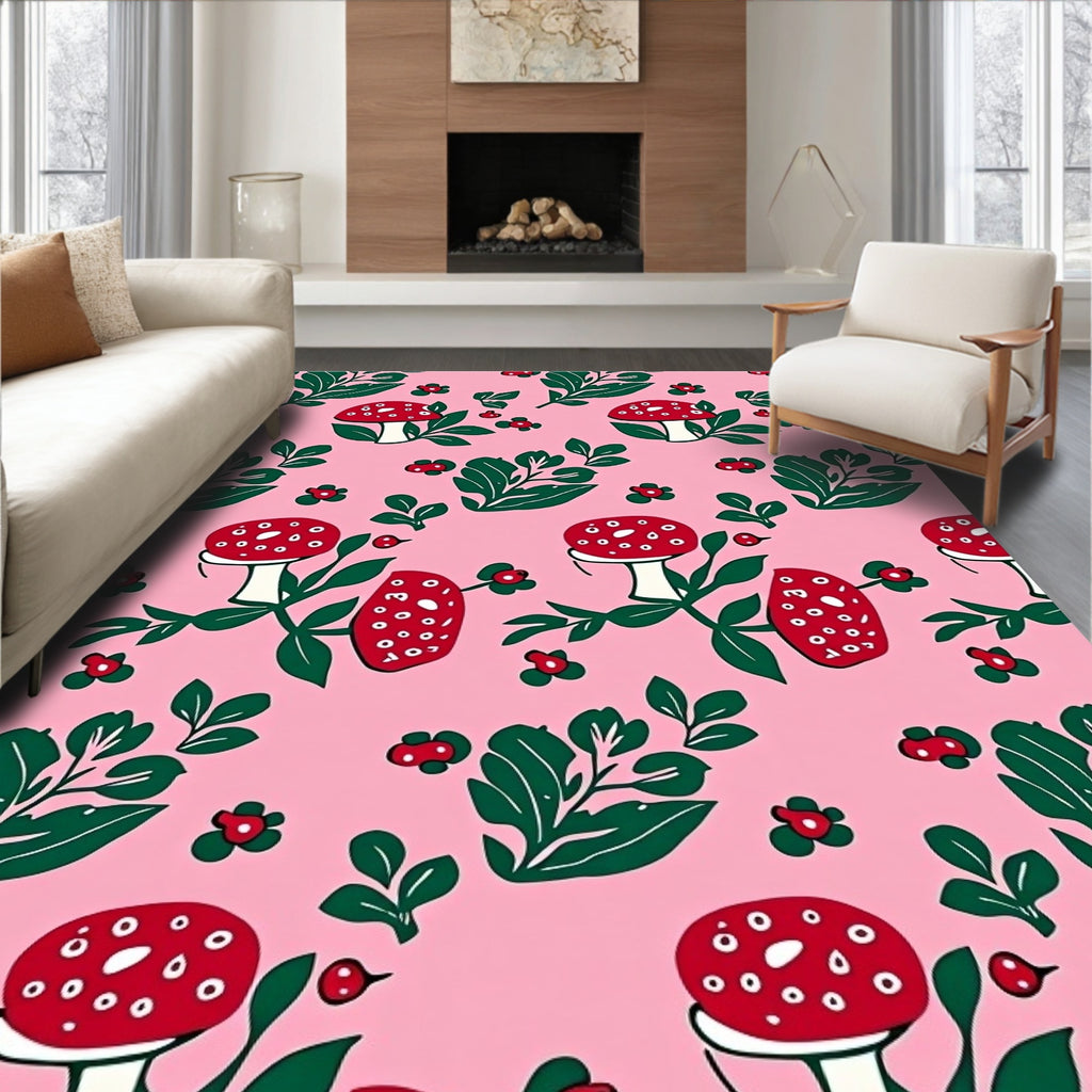 Whimsical Pink Red Mushroom Garden Rug