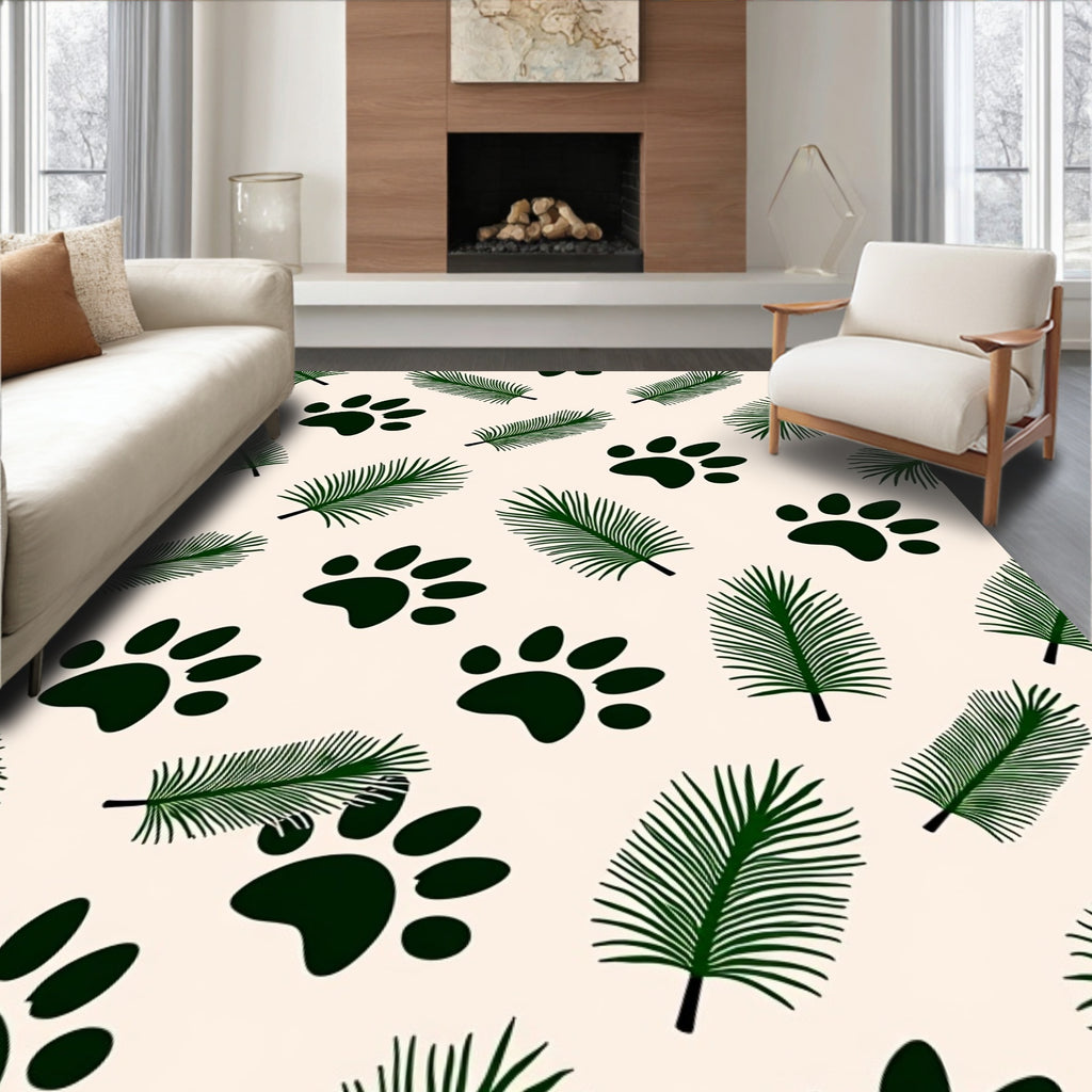 Forest Green Paw Prints Fern Leaves Rug