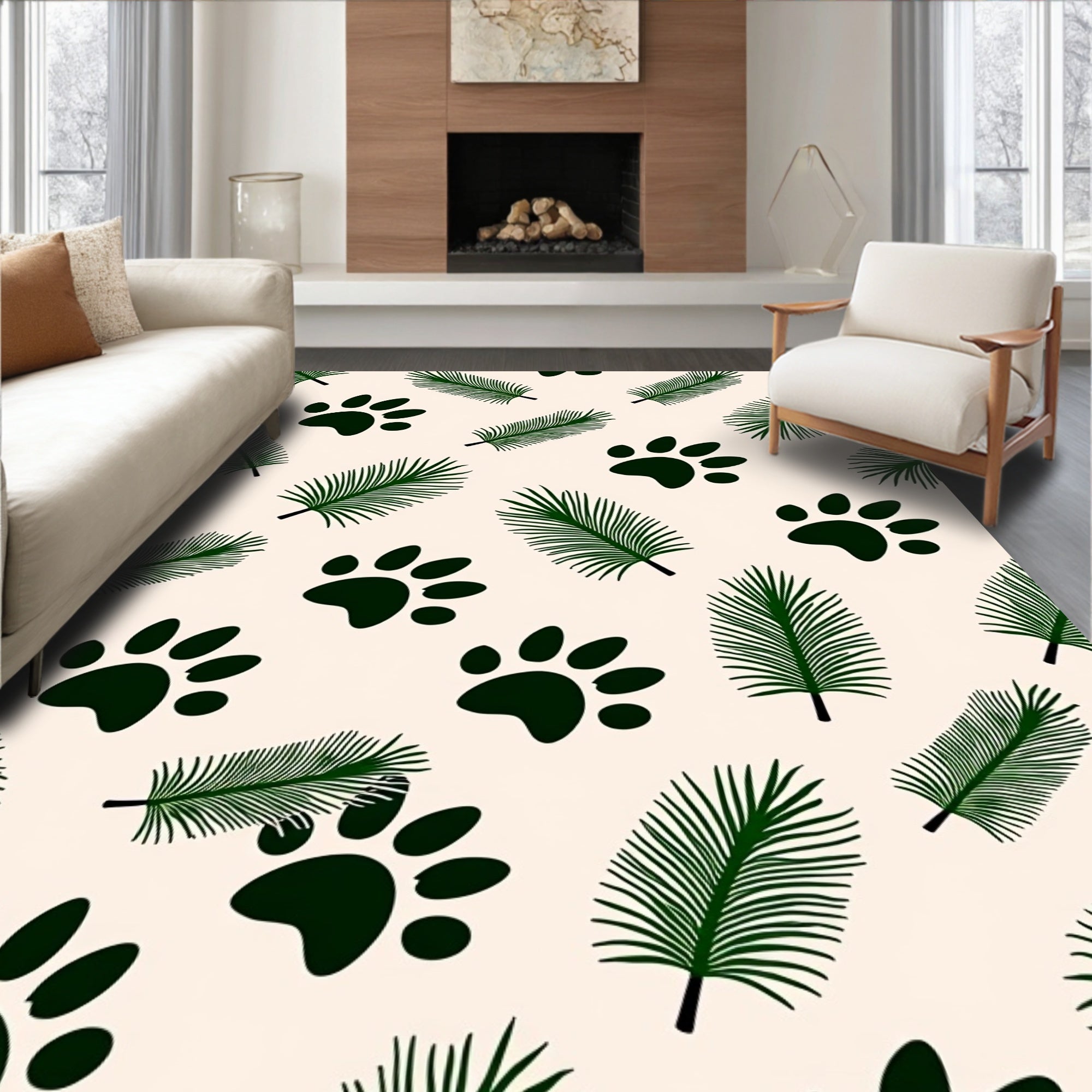 Forest Green Paw Prints Fern Leaves Rug