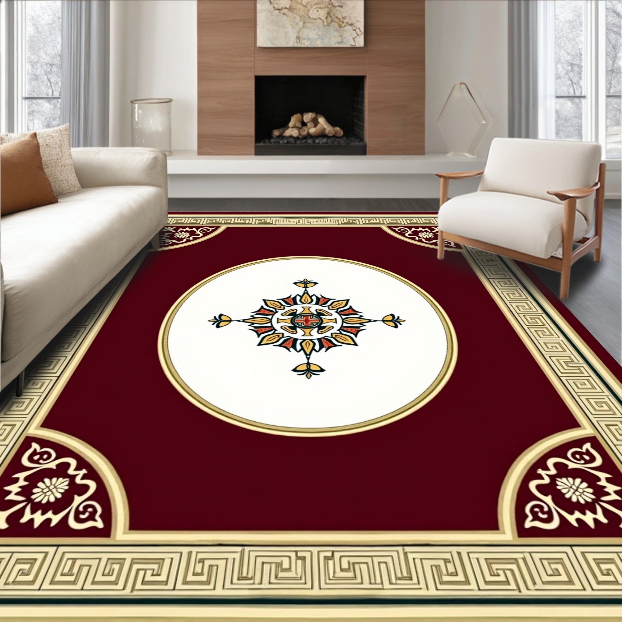 Crimson Bordered Floral Medallion Oval Rug