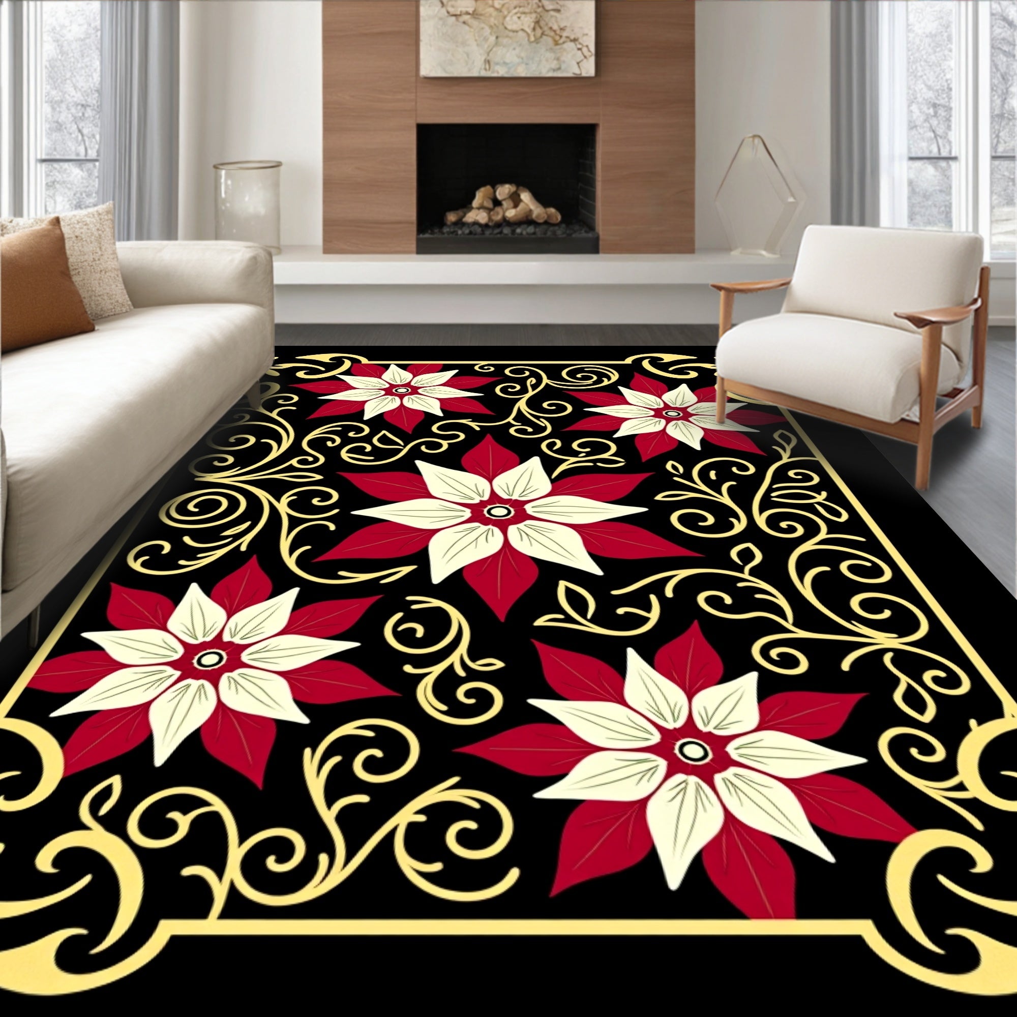 Crimson Floral Swirls Gold Border Rug