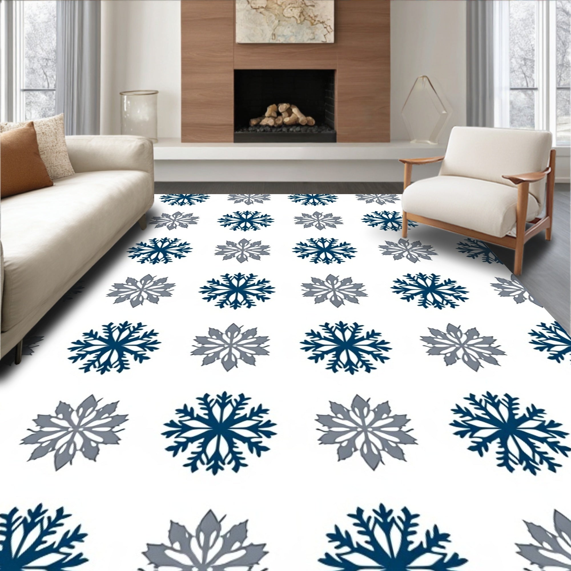 Navy Gray Snowflake Arrangement Rug
