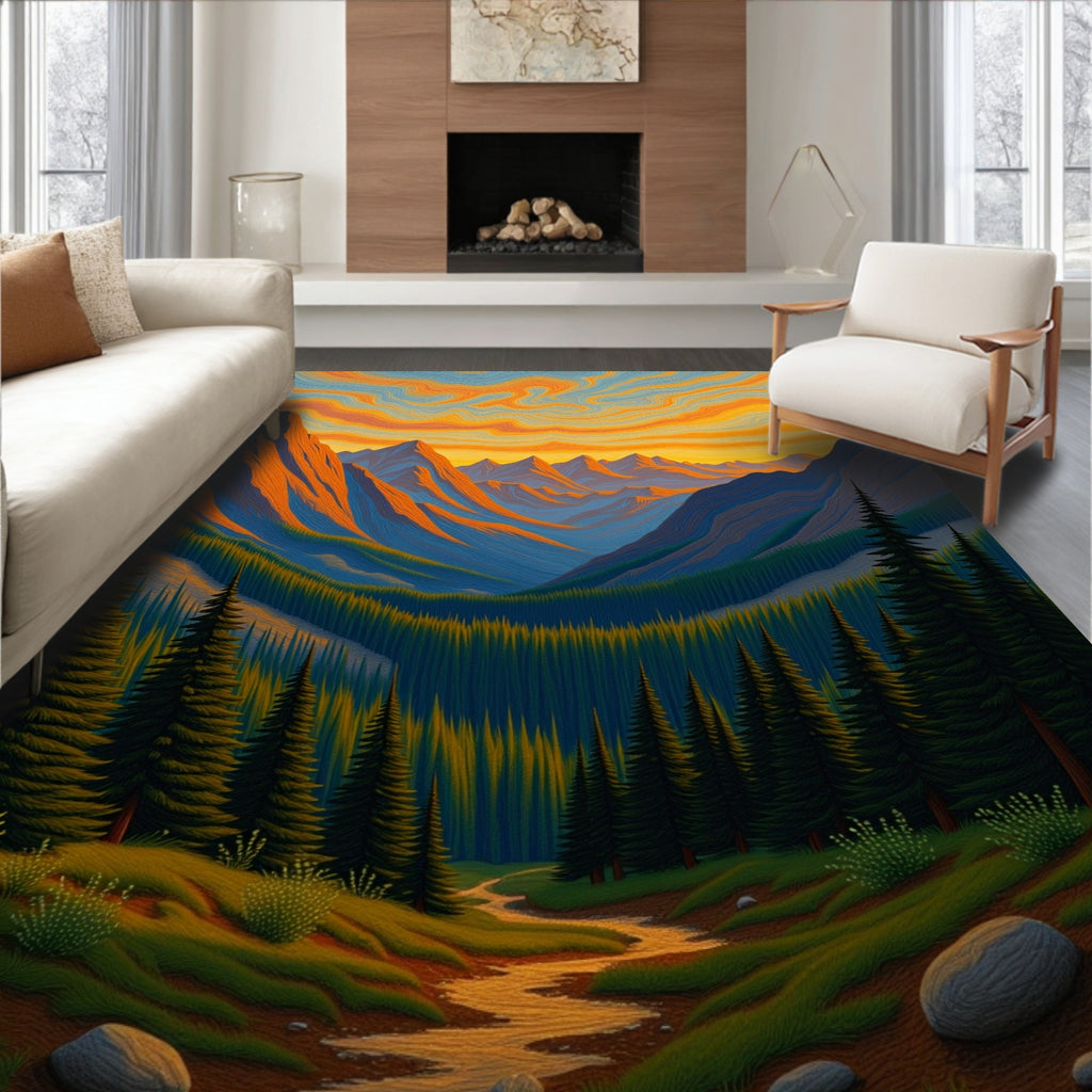 Dramatic Golden Mountain Forest Sunset Rug