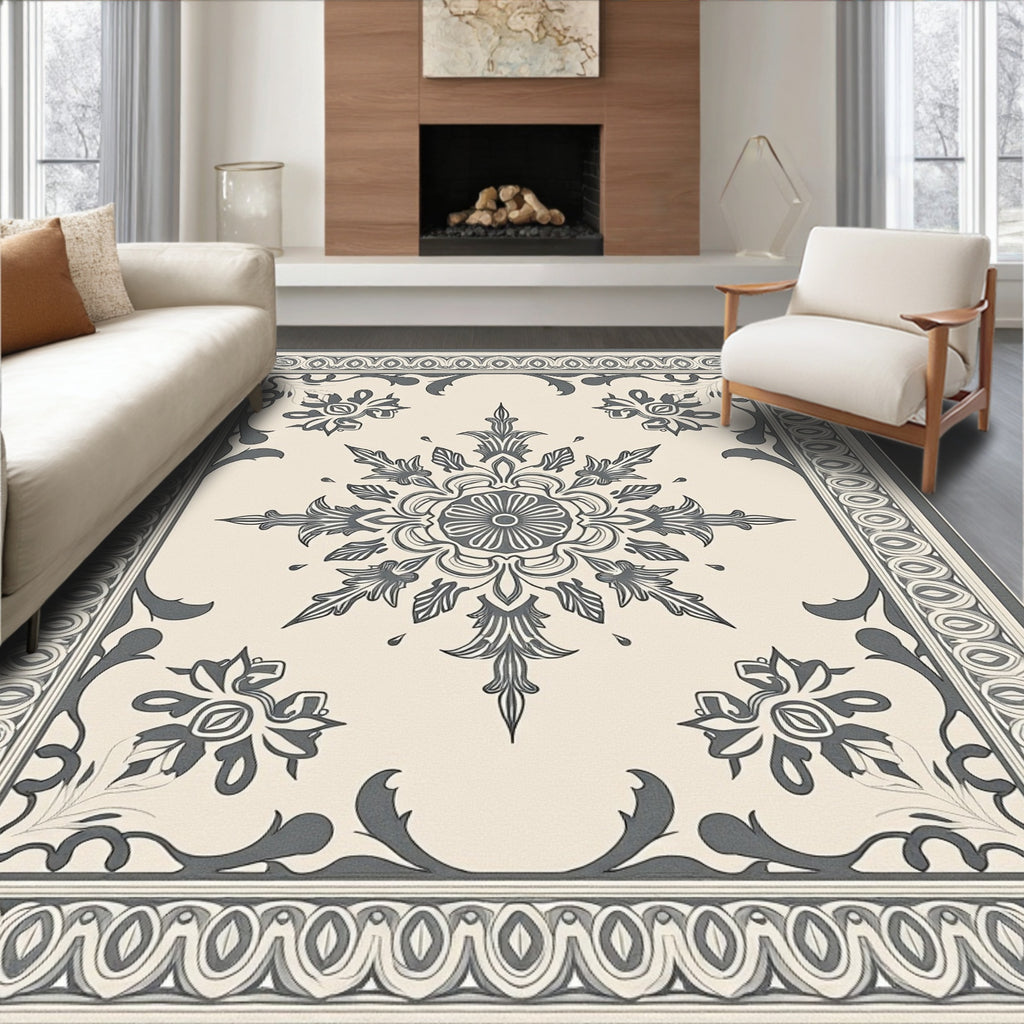 Cream Gray Floral Medallion Border Rug