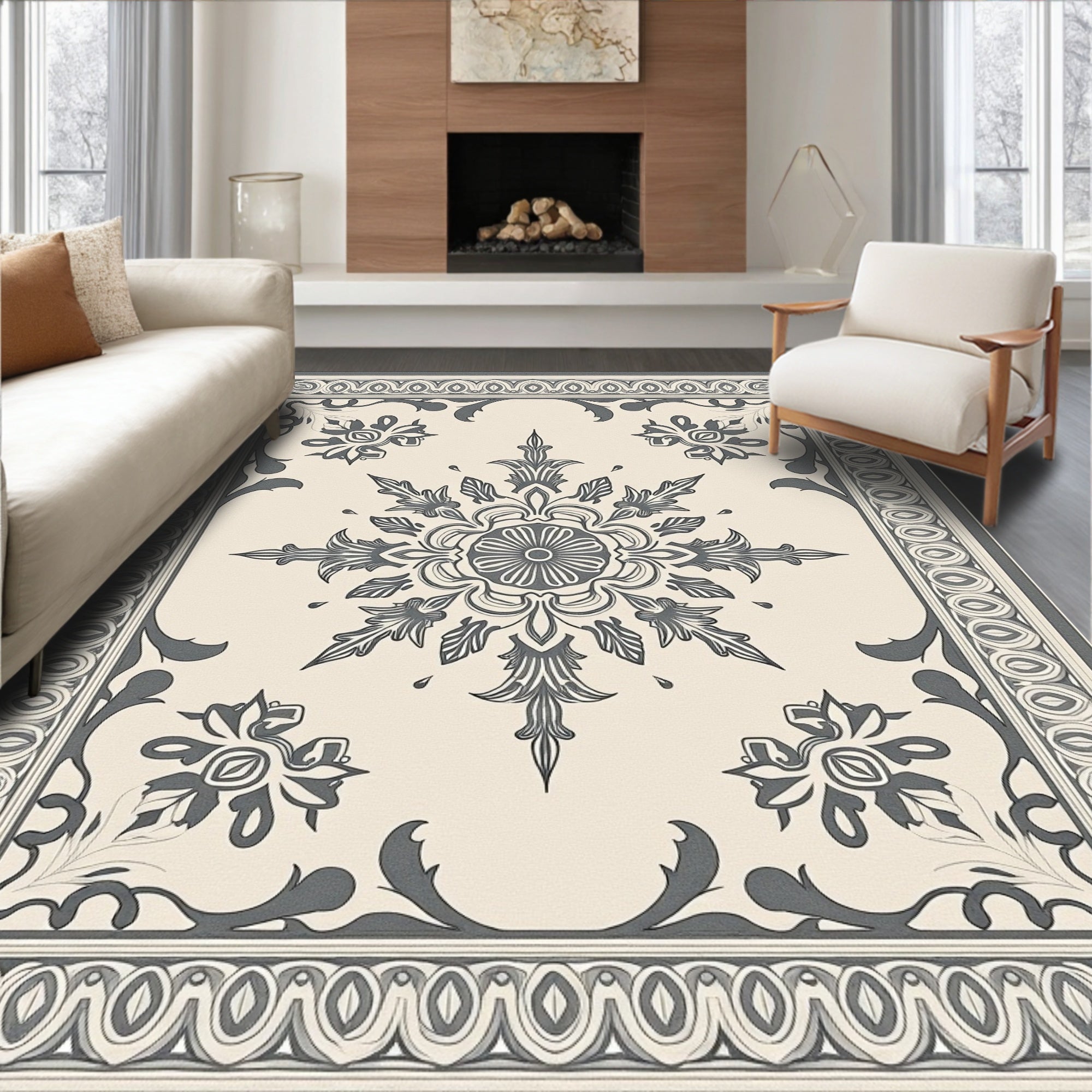 Cream Gray Floral Medallion Border Rug