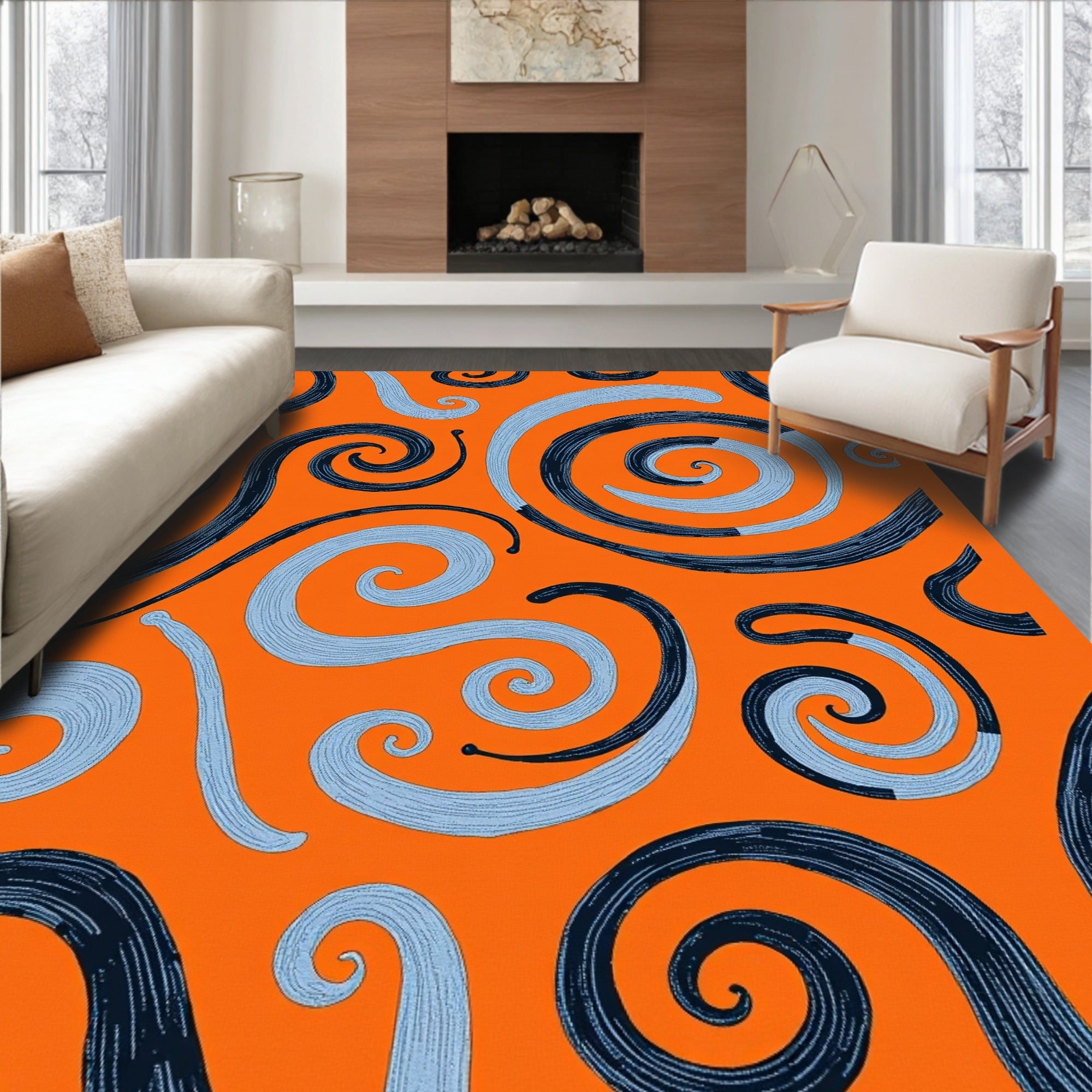 Orange Swirls Navy Blue Light Blue Rug