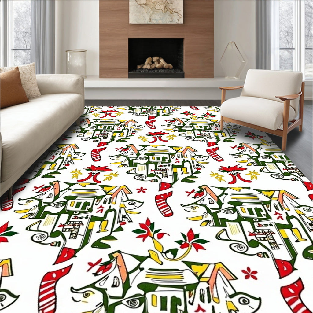 Red Green Yellow Abstract Village Folk Rug