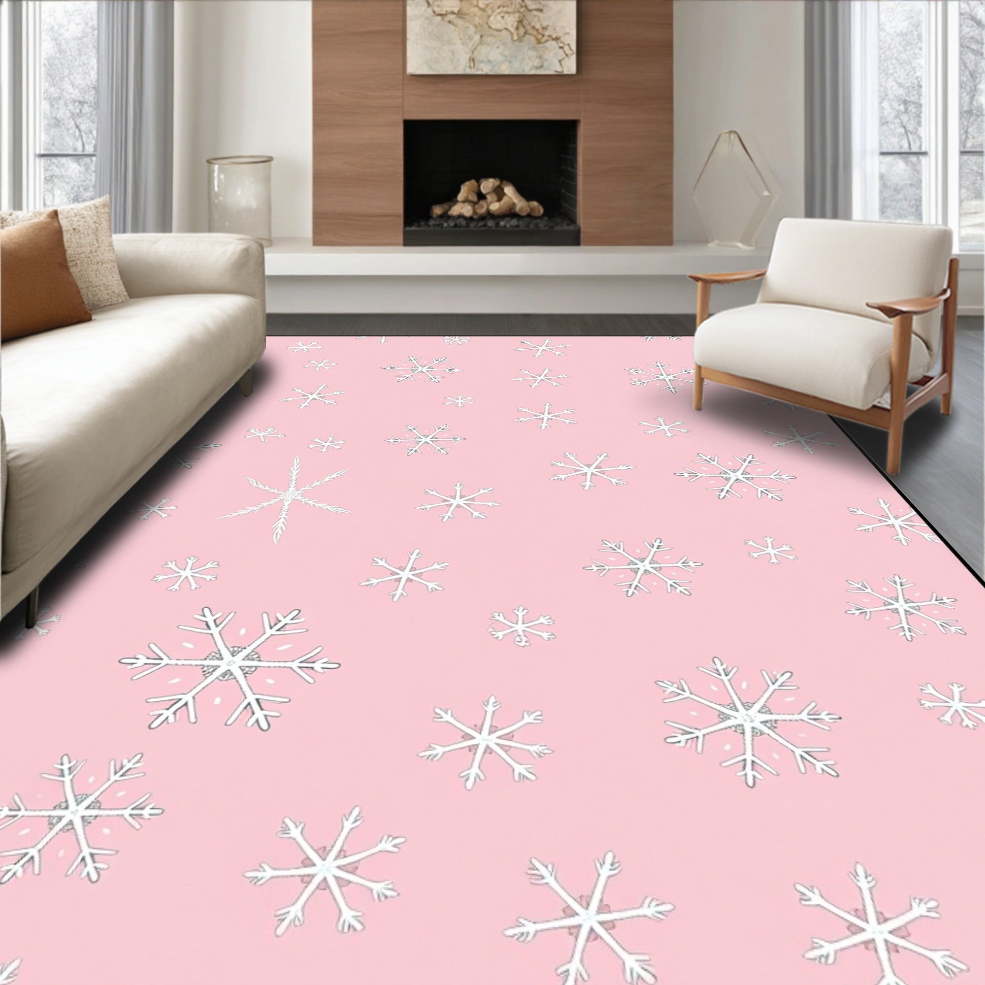 Pink Snowflake Scattered Holiday Background Rug