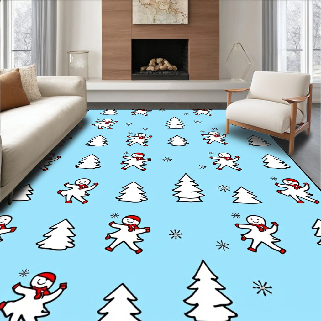 Blue Snowman Winter Tree Snowflake Scene Rug