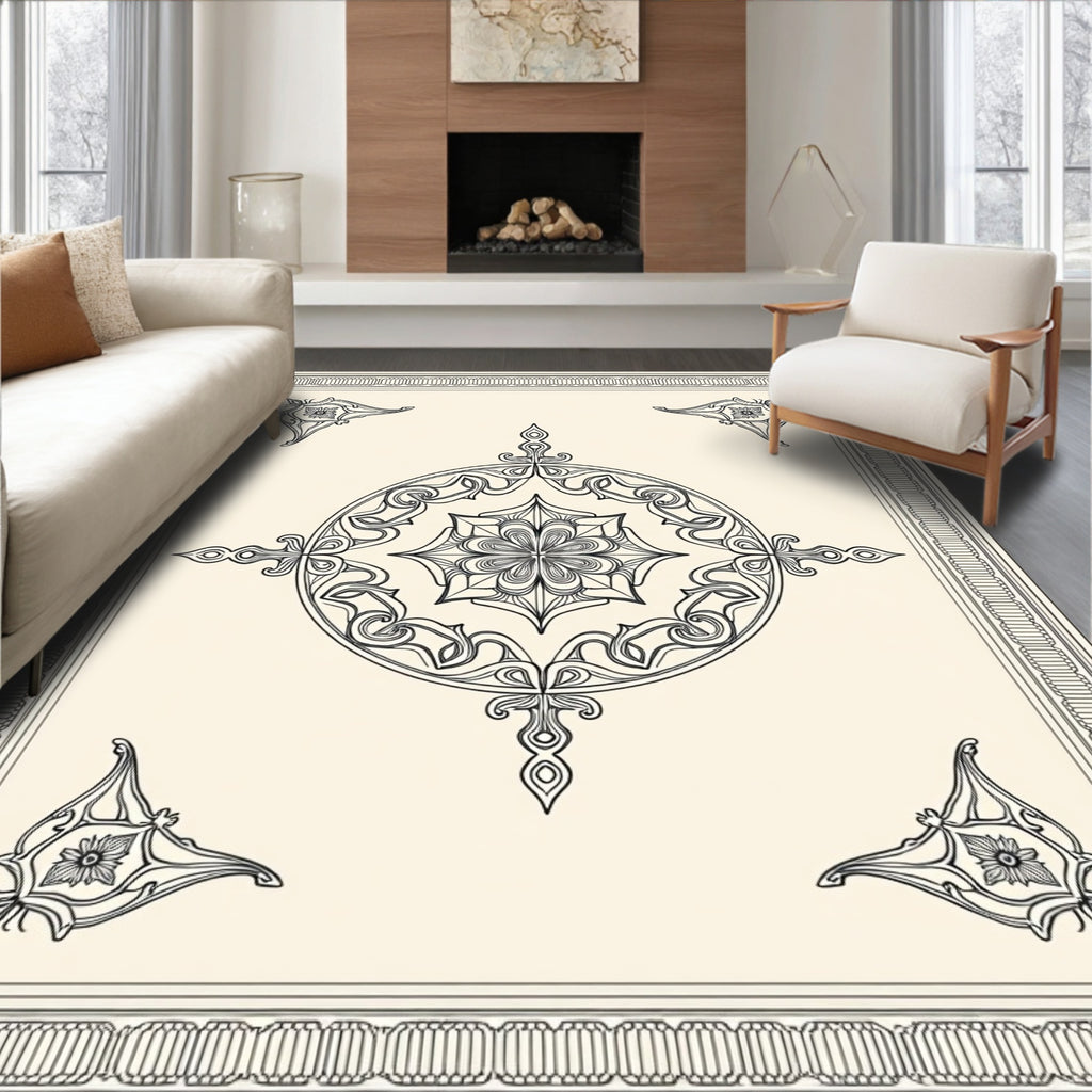 Ornate Ivory Floral Medallion Frame Rug