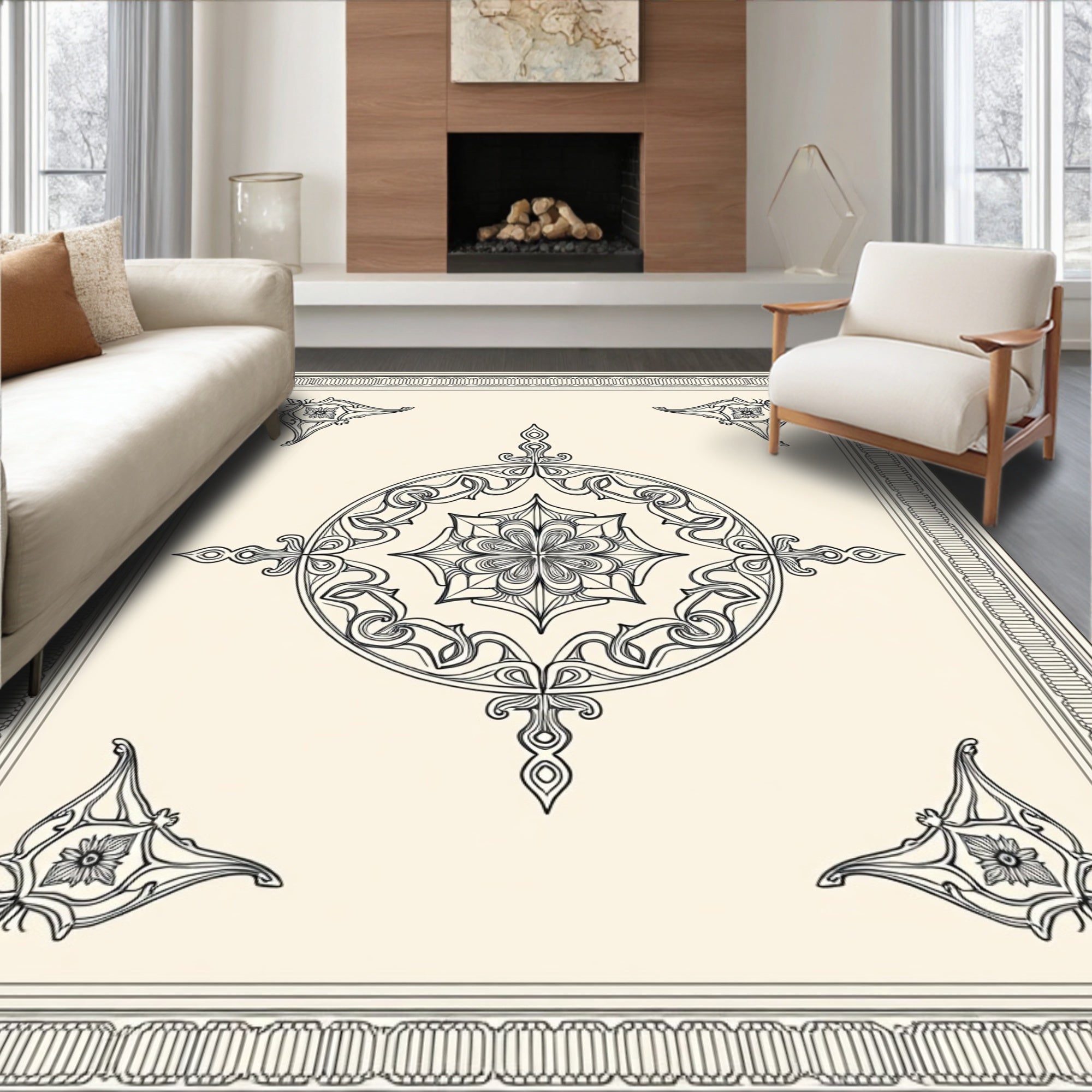 Ornate Ivory Floral Medallion Frame Rug