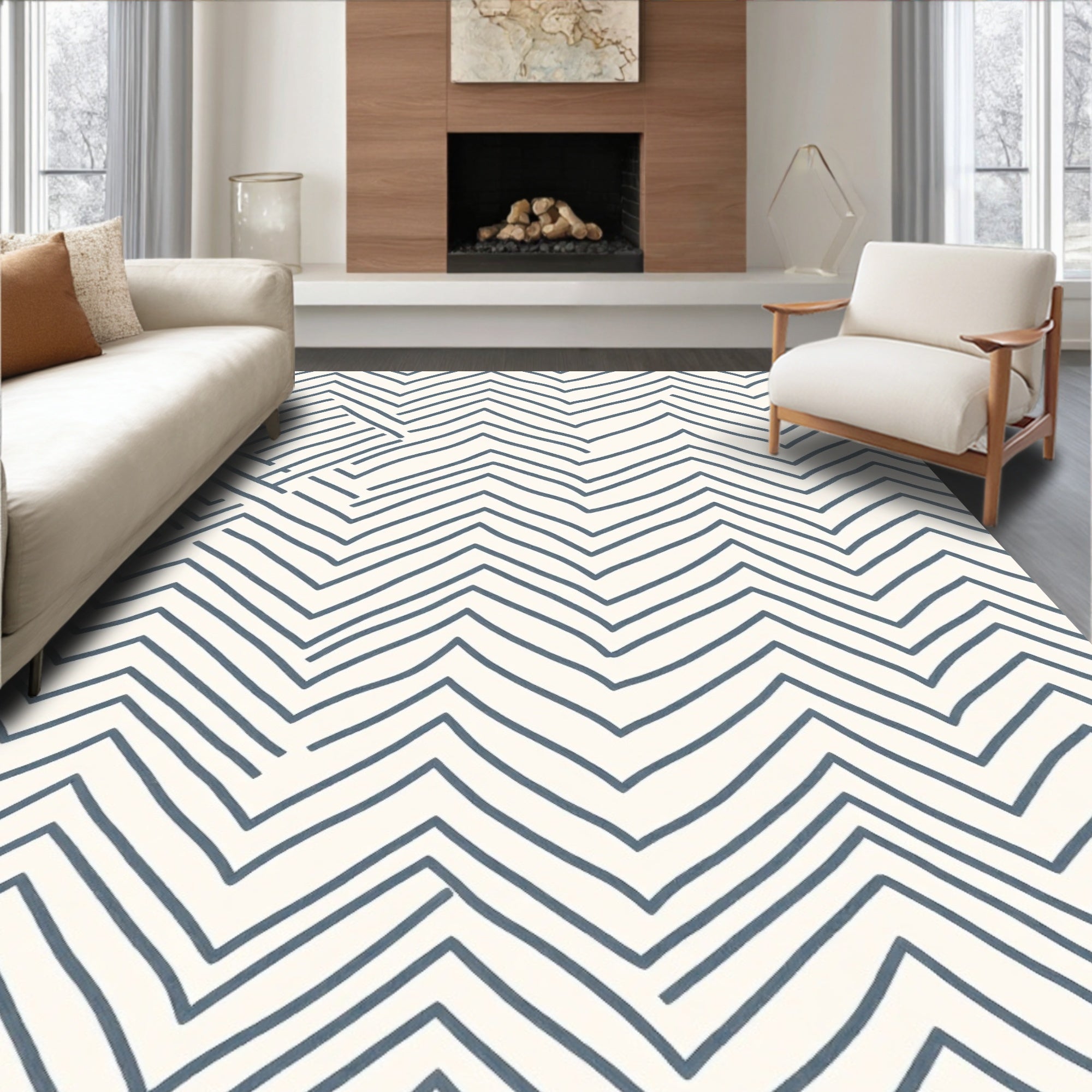 Hand Drawn Slate Zigzag Chevron Rug