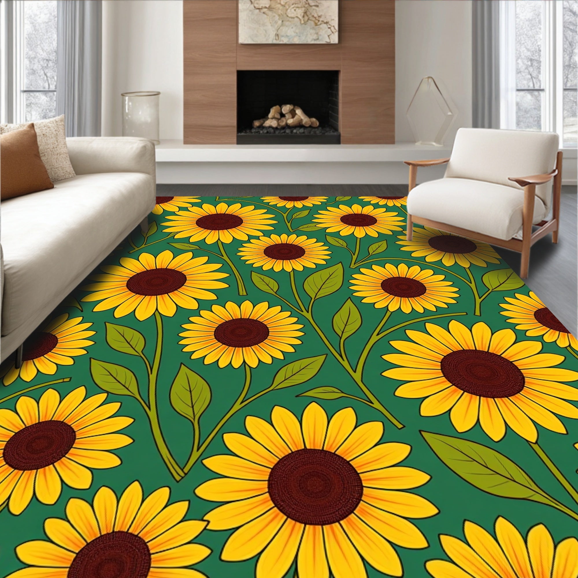 Golden Sunflower Garden On Green Rug