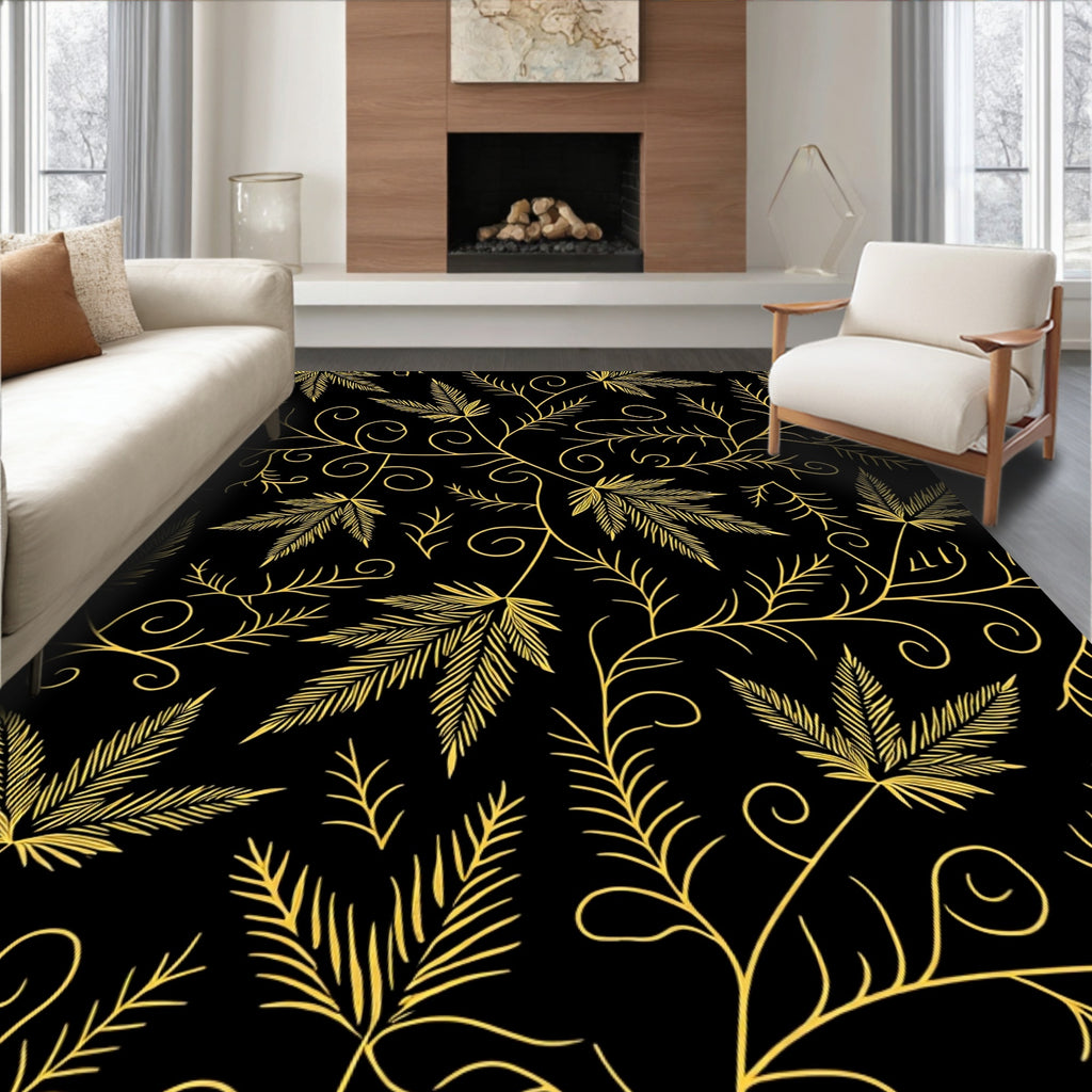 Black Gold Leafy Swirls Rug