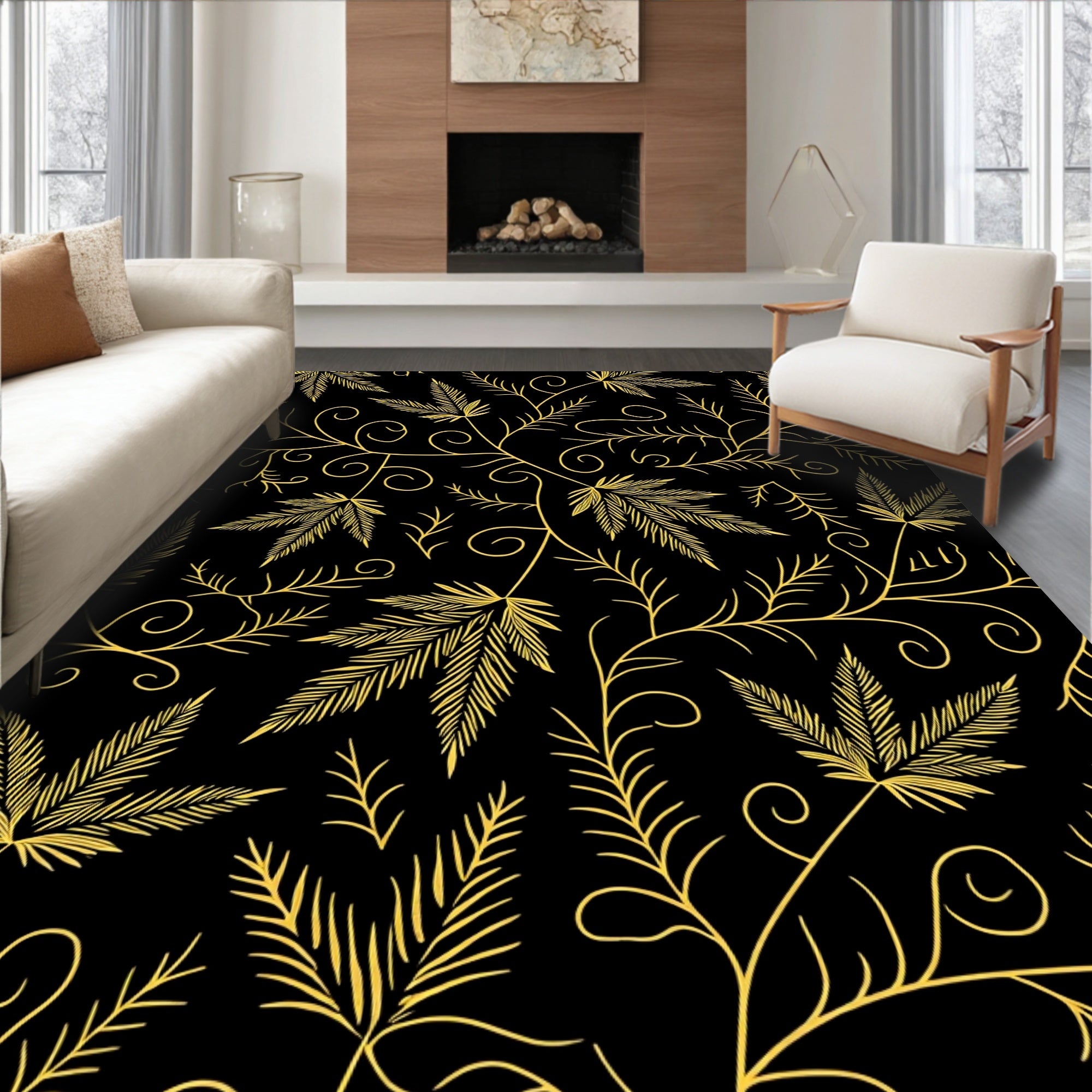 Black Gold Leafy Swirls Rug