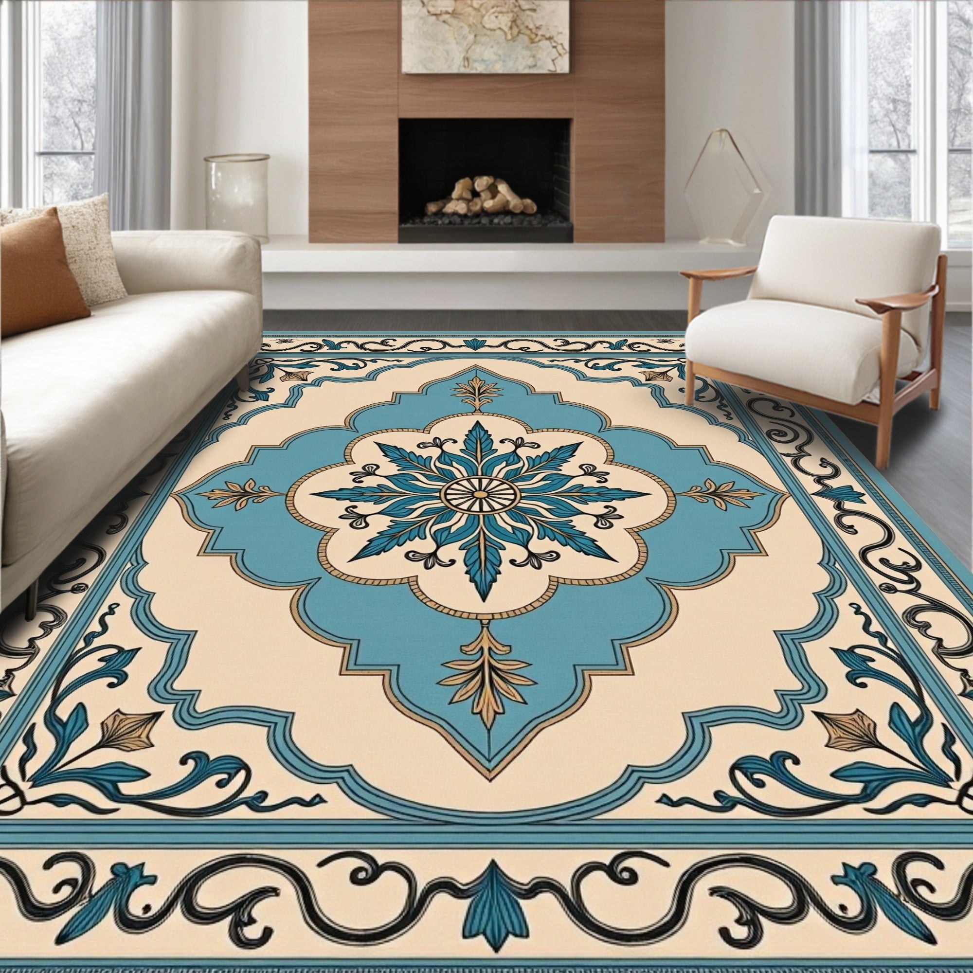 Aqua Blue Floral Medallion Cream Border Rug