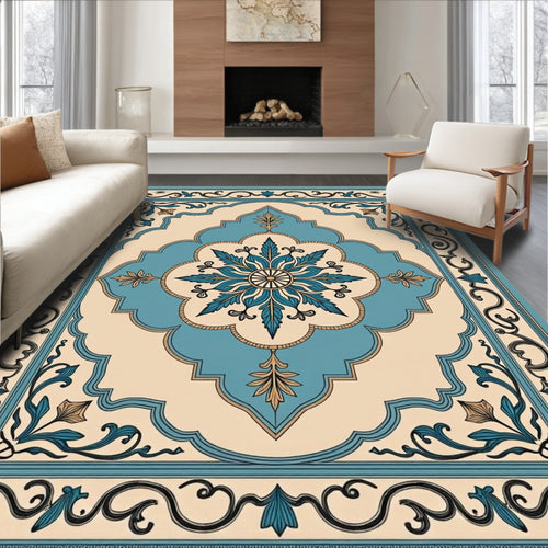 Aqua Blue Floral Medallion Cream Border Rug