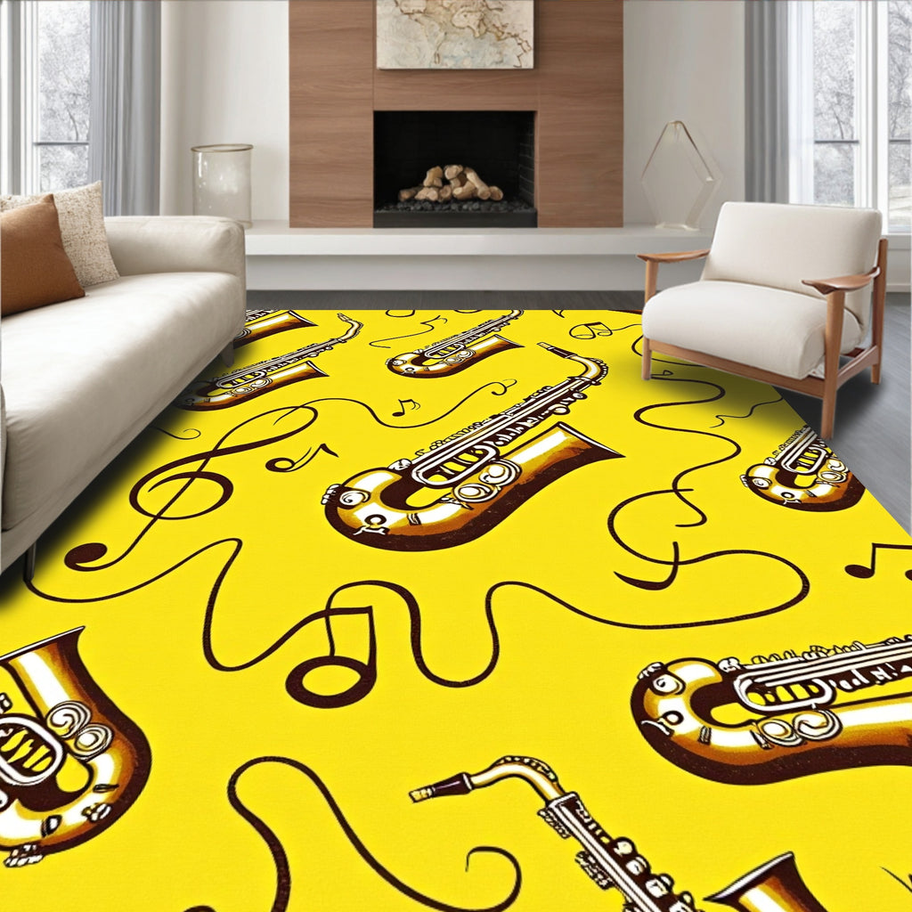 Golden Saxophones With Musical Notes Rug