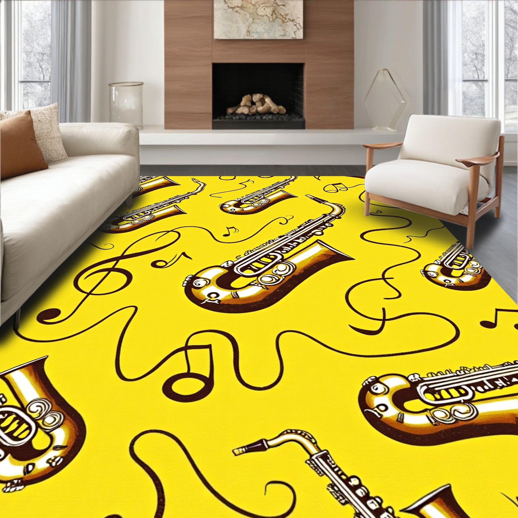Golden Saxophones With Musical Notes Rug