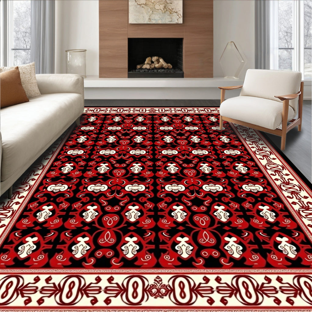 Bold Red and Black Floral Border Rug