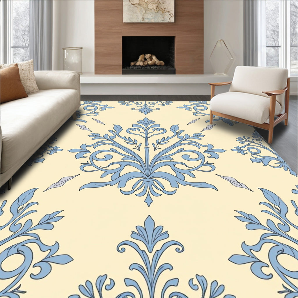 Pale Blue Floral Damask Scroll Rug