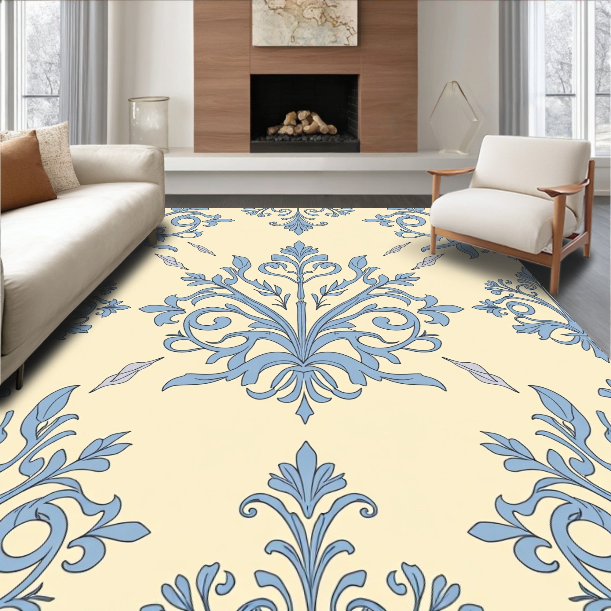 Pale Blue Floral Damask Scroll Rug