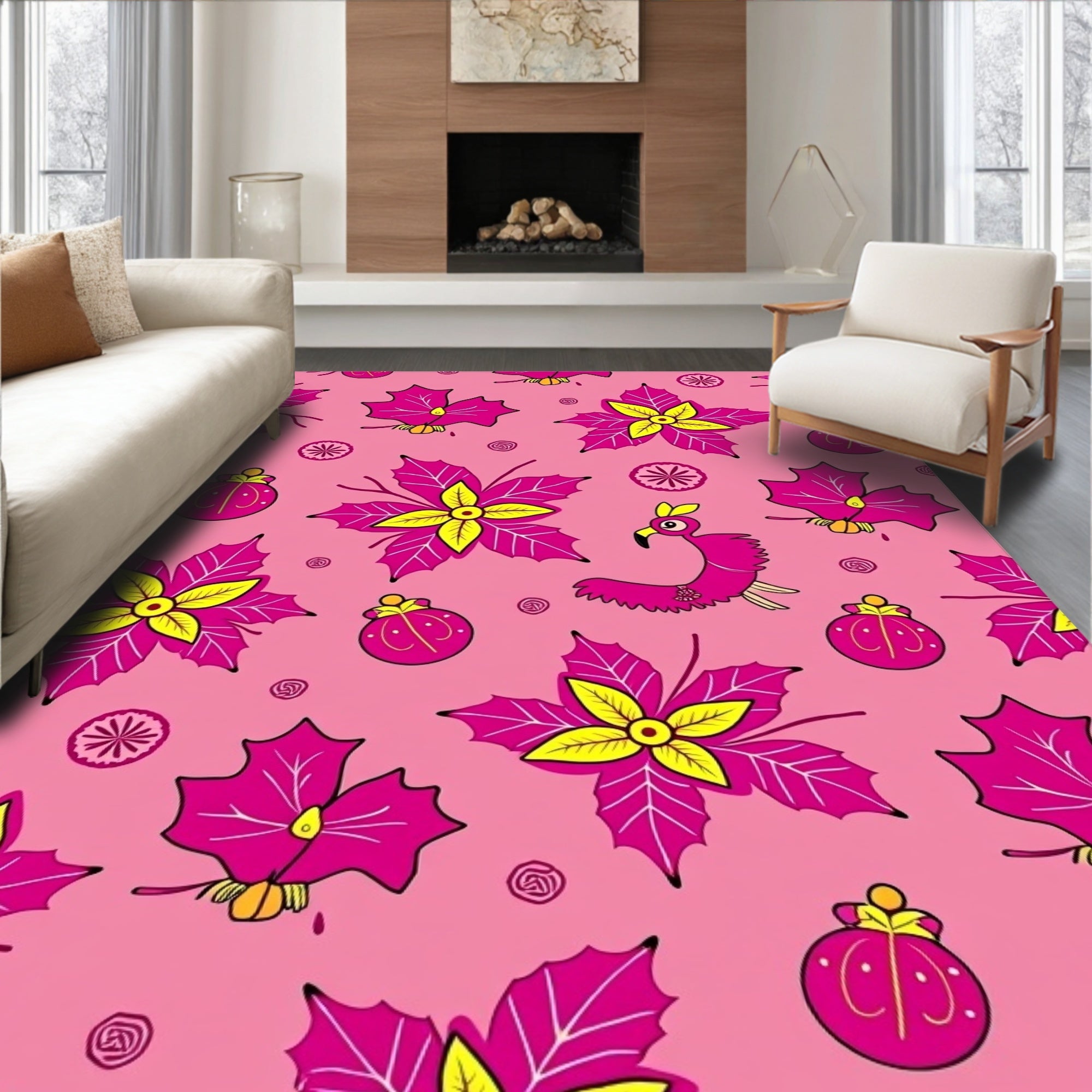 Pink Floral Flamingo Ornament Collage Rug