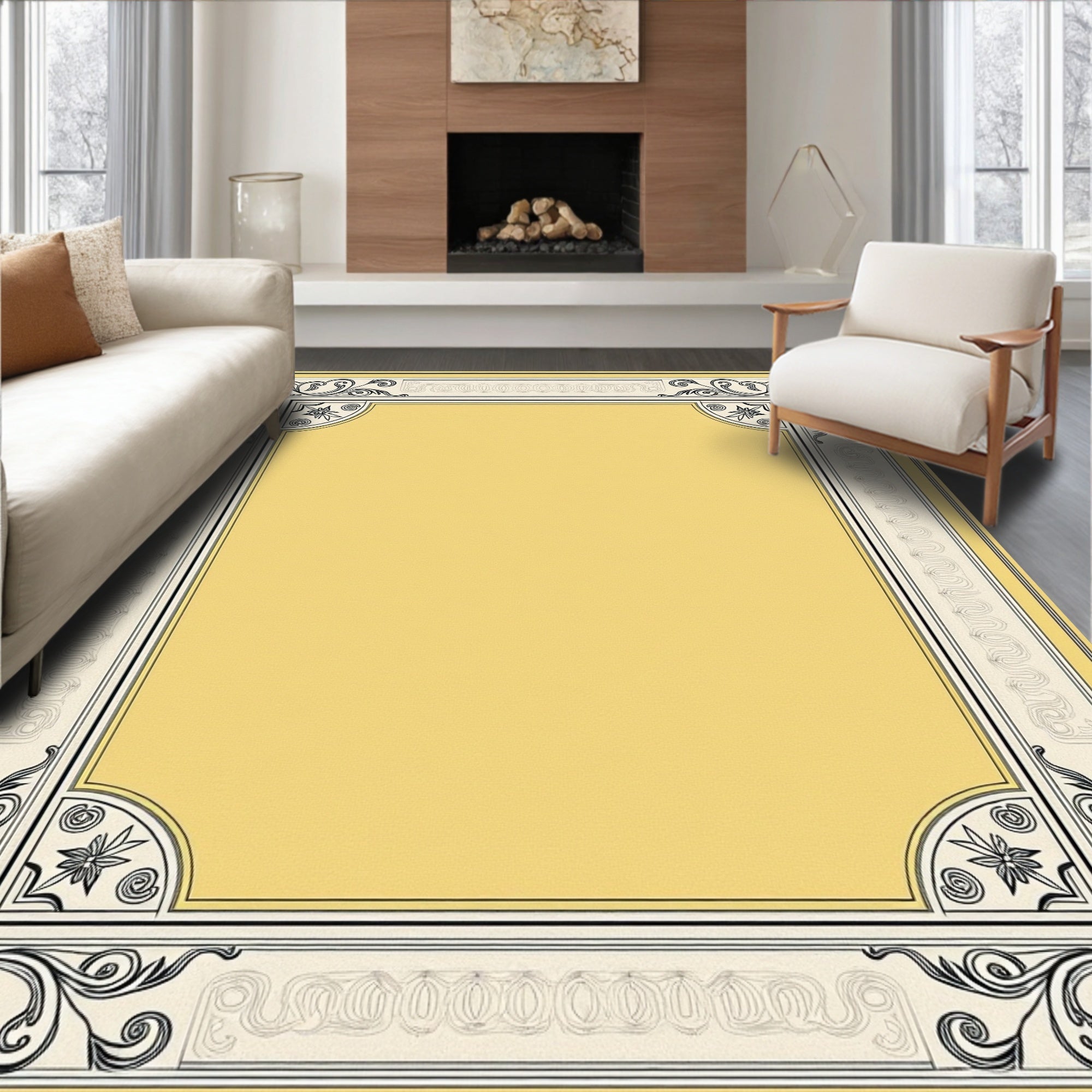 Classic Ivory Black Floral Border Rug
