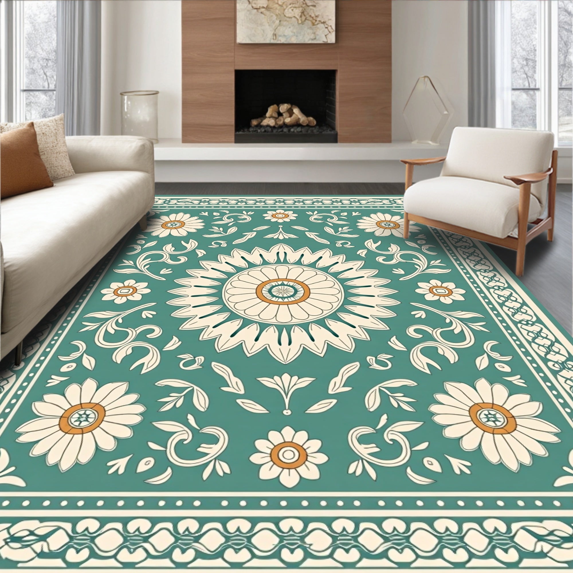 Teal Damask Floral Medallion Rug