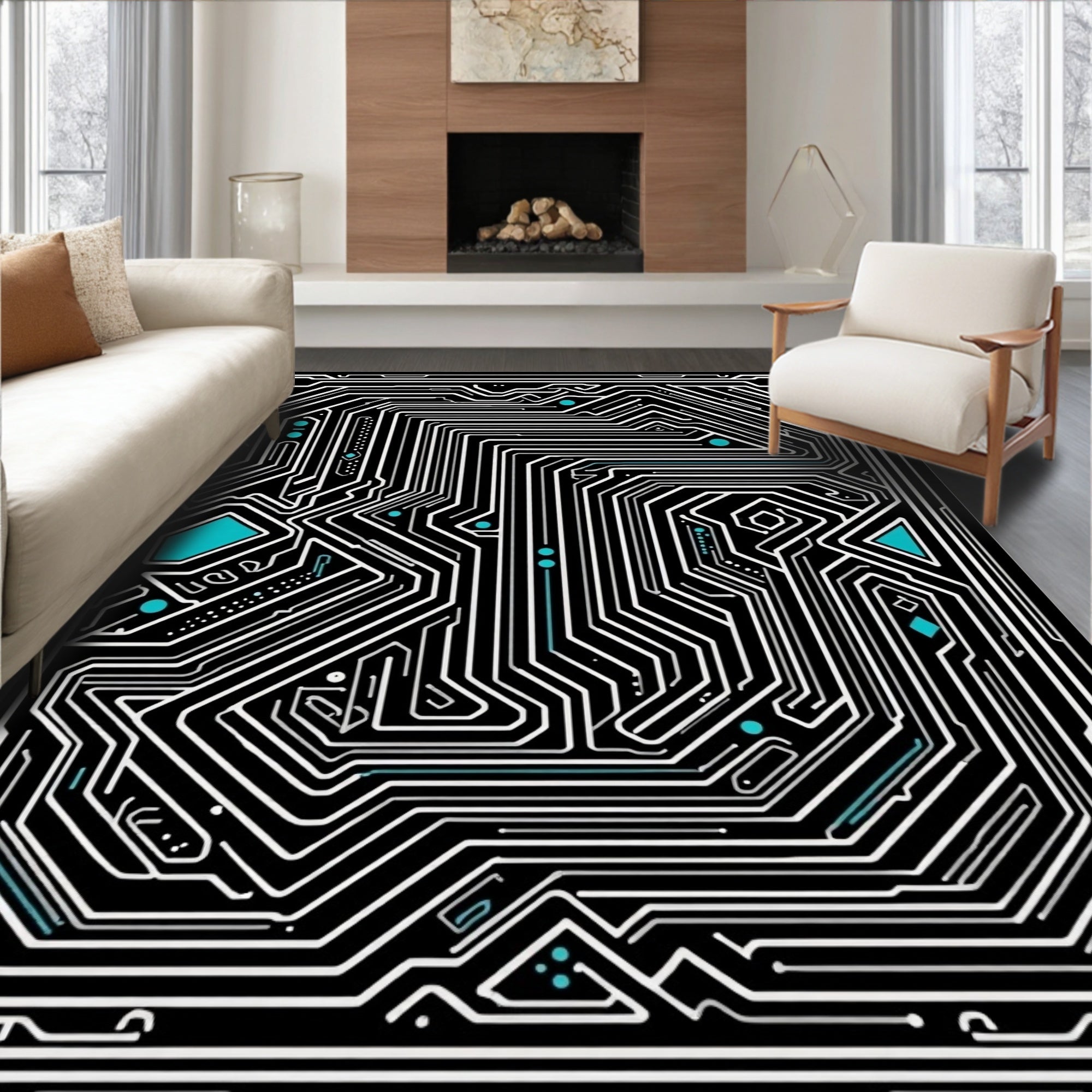 Black Circuit Board Turquoise Accents Rug