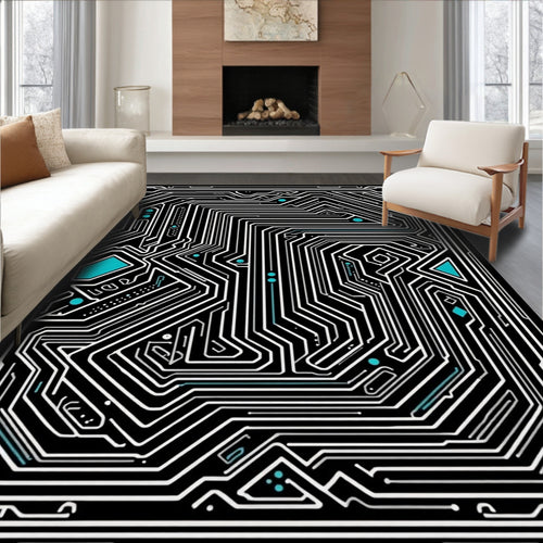 Black Circuit Board Turquoise Accents Rug