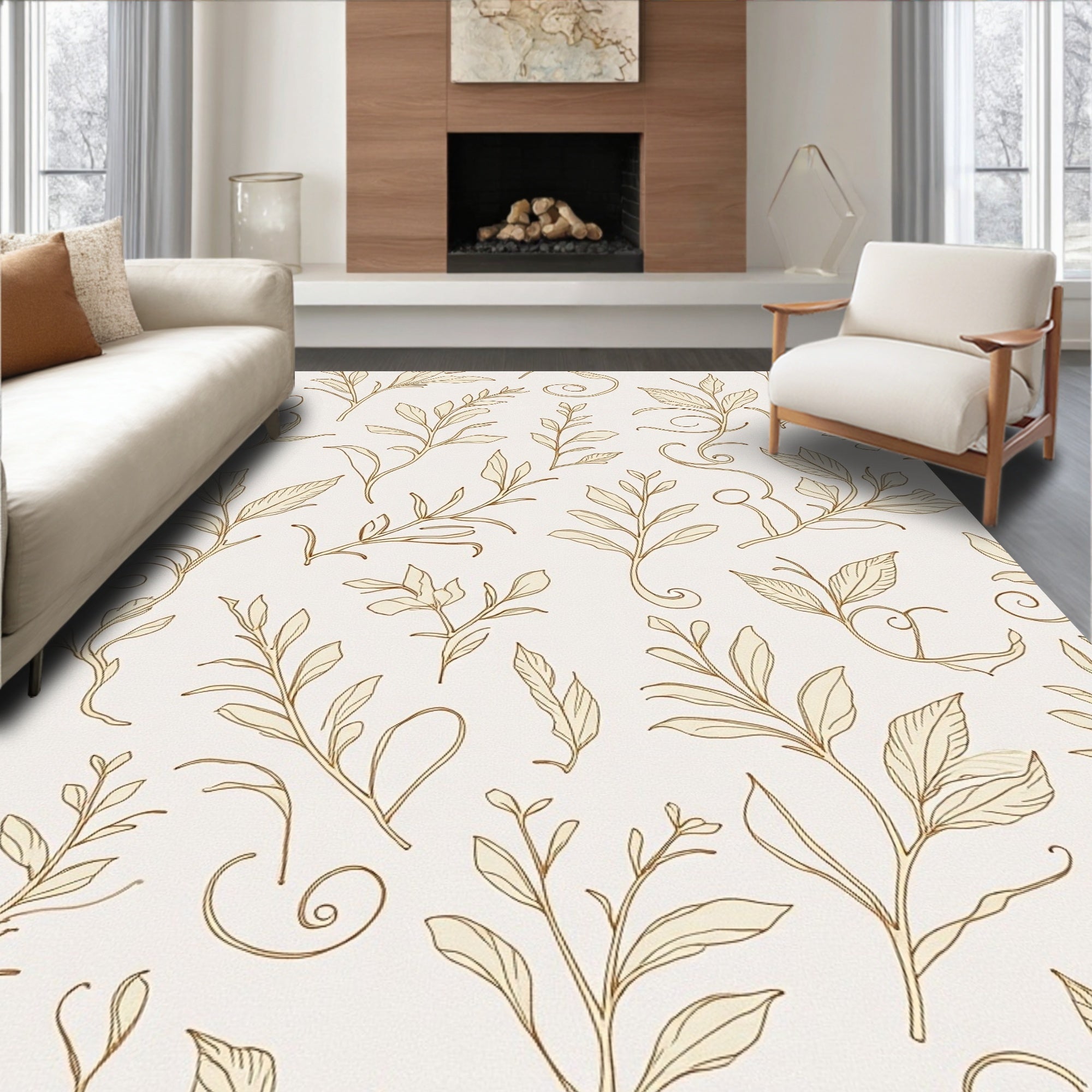 Cream Leafy Branch Swirl Art Rug