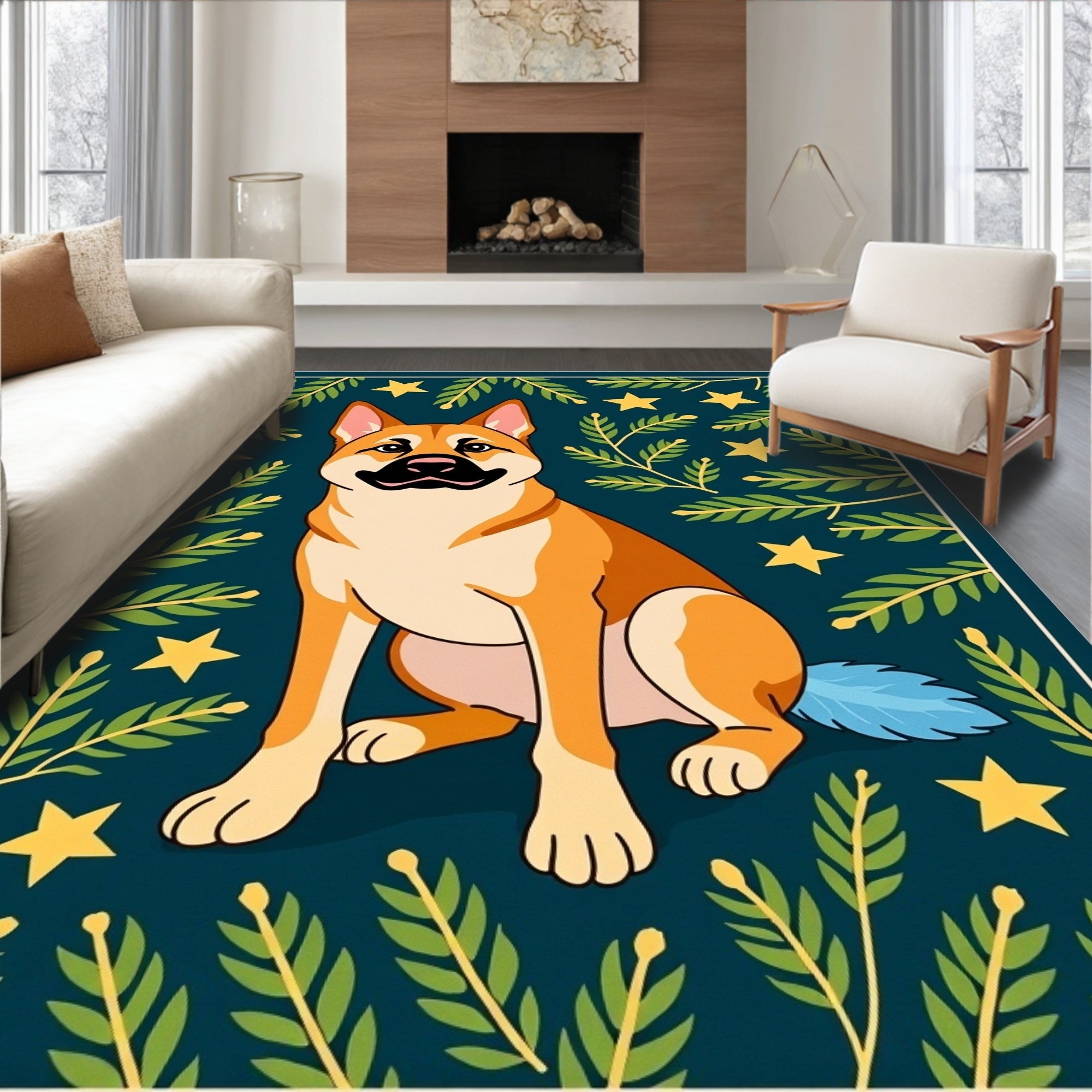Golden Dog Among Greenery and Stars Rug
