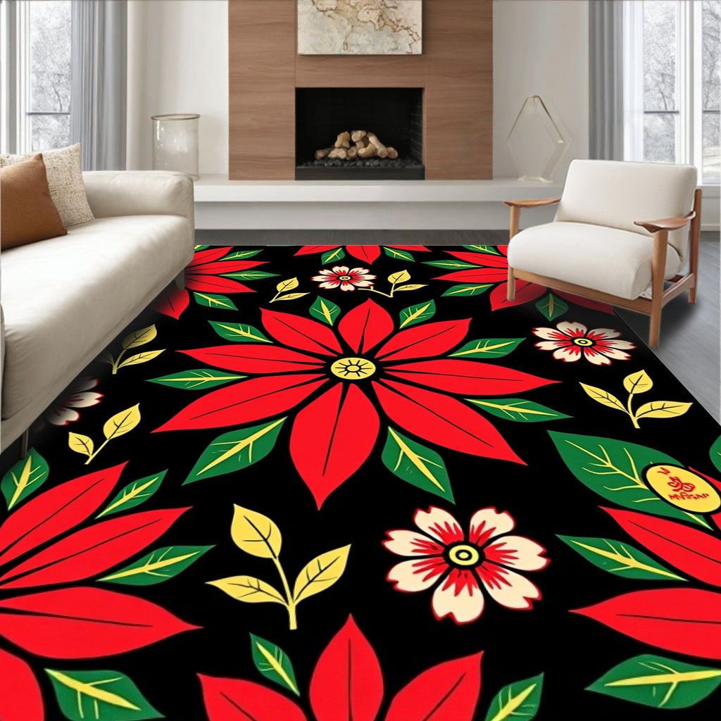 Bold Red Floral Garden Poinsettia Rug